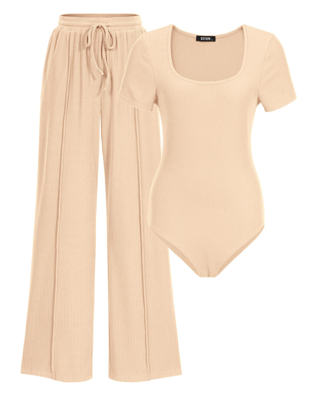 BTFBM Womens Summer 2 Piece Outfits Square Neck Short Sleeve Drawstring Pants Knit Spring Lounge Matching Sets