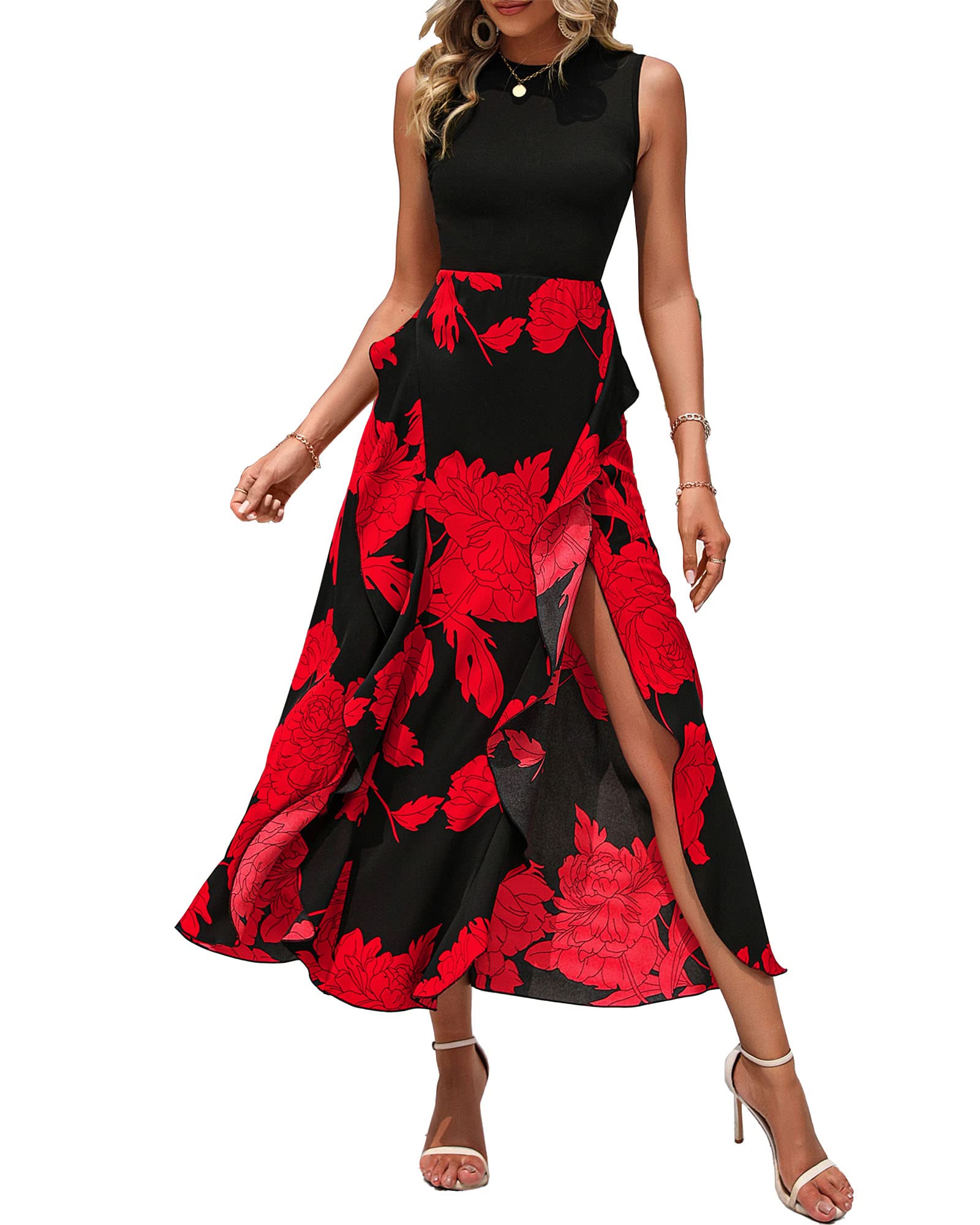 FreshPretty Women Casual Sleeveless Summer Dresses Spring Crewneck Patchwork Boho Floral Ruffle Cocktail Party Midi Dress