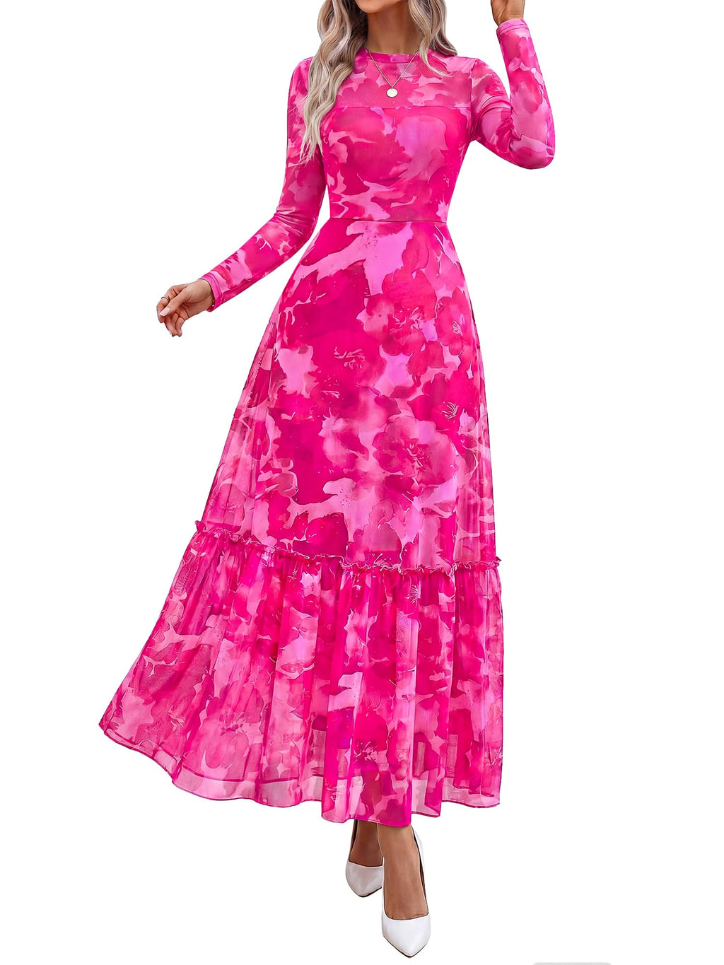 BTFBM Boho Mesh Long Sleeve Dress for Women | Mock Neck, Floral, A Line, Tiered, Graduation, Wedding, Cocktail Maxi Dresses, Fall Fashion, Resort Wear