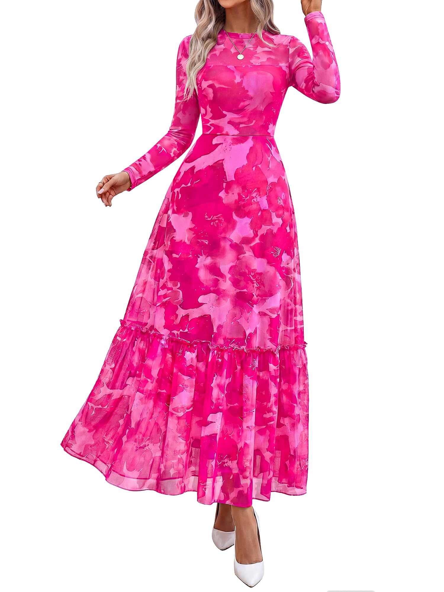 BTFBM Boho Mesh Long Sleeve Dress for Women | Mock Neck, Floral, A Line, Tiered, Graduation, Wedding, Cocktail Maxi Dresses, Fall Fashion, Resort Wear