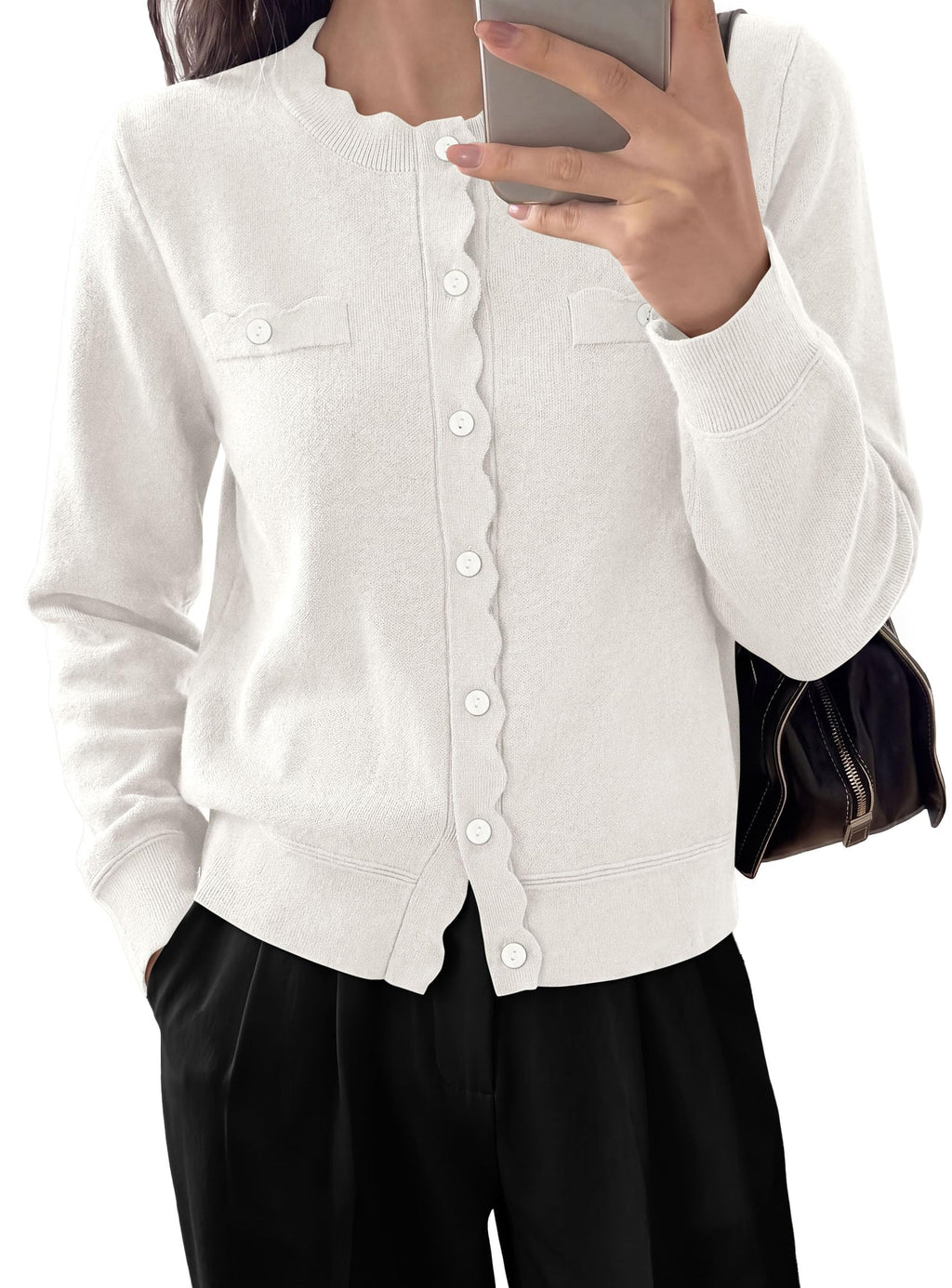 PRETTYGARDEN Cardigan Sweaters for Women Scalloped Button Up Fall Outfits Soft Knit Long Sleeve Knit Tops,Crew Neck,Business Casual Outfits,Office Work Lightweight Sweater,Layers Clothes