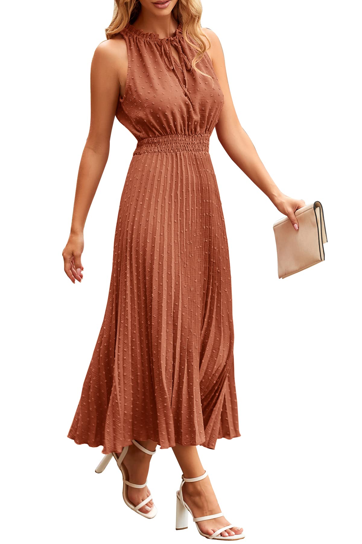 PRETTYGARDEN Women's Midi Summer Dresses Casual V Neck Swiss Dot Ruffle Sleeveless A Line Beach Sun Dress