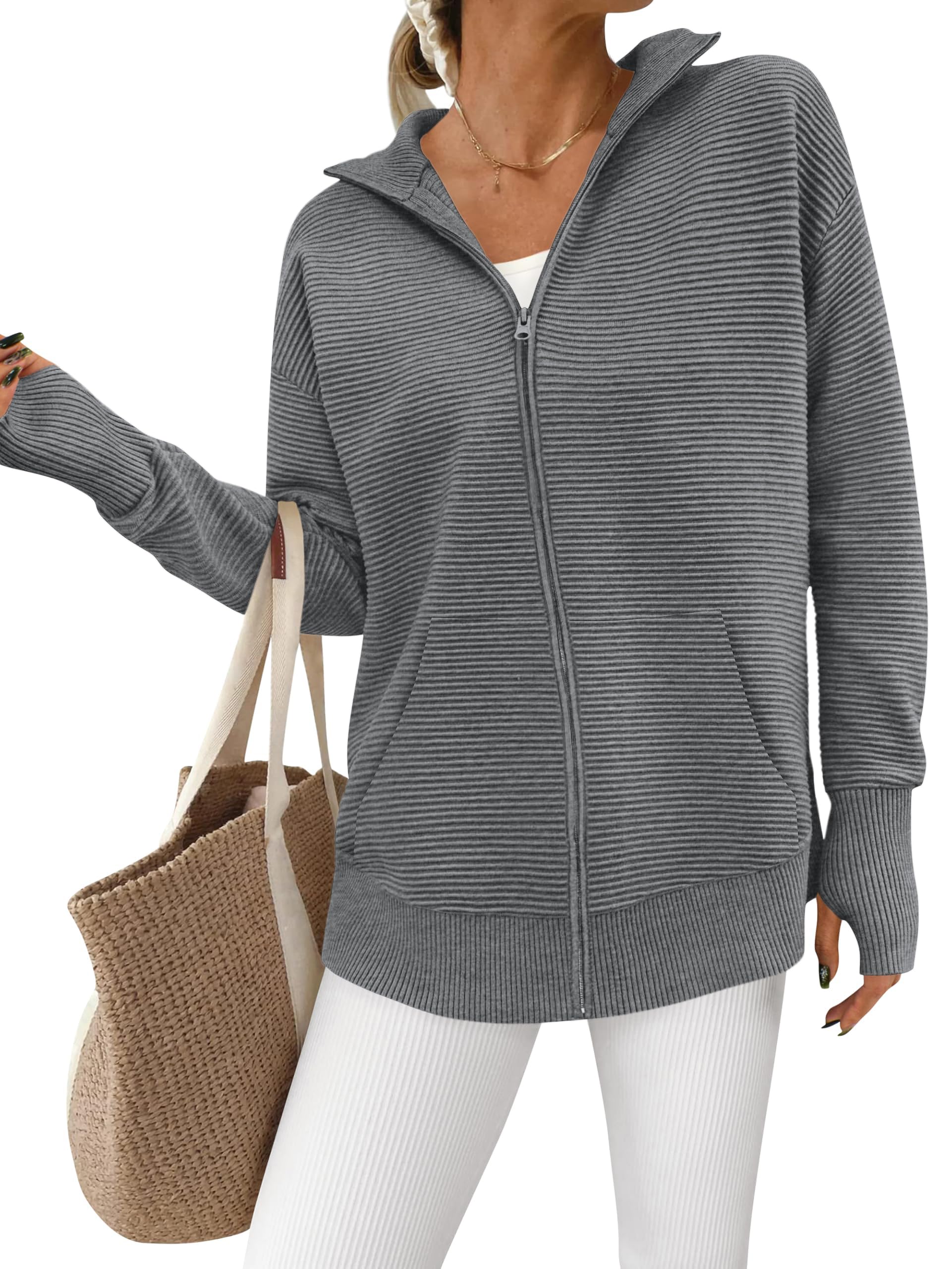 PRETTYGARDEN Womens Fall Long Sleeve Zip Up Cardigan Sweaters Casual Loose Collared Ribbed Knit Tops Jackets Thumb Hole