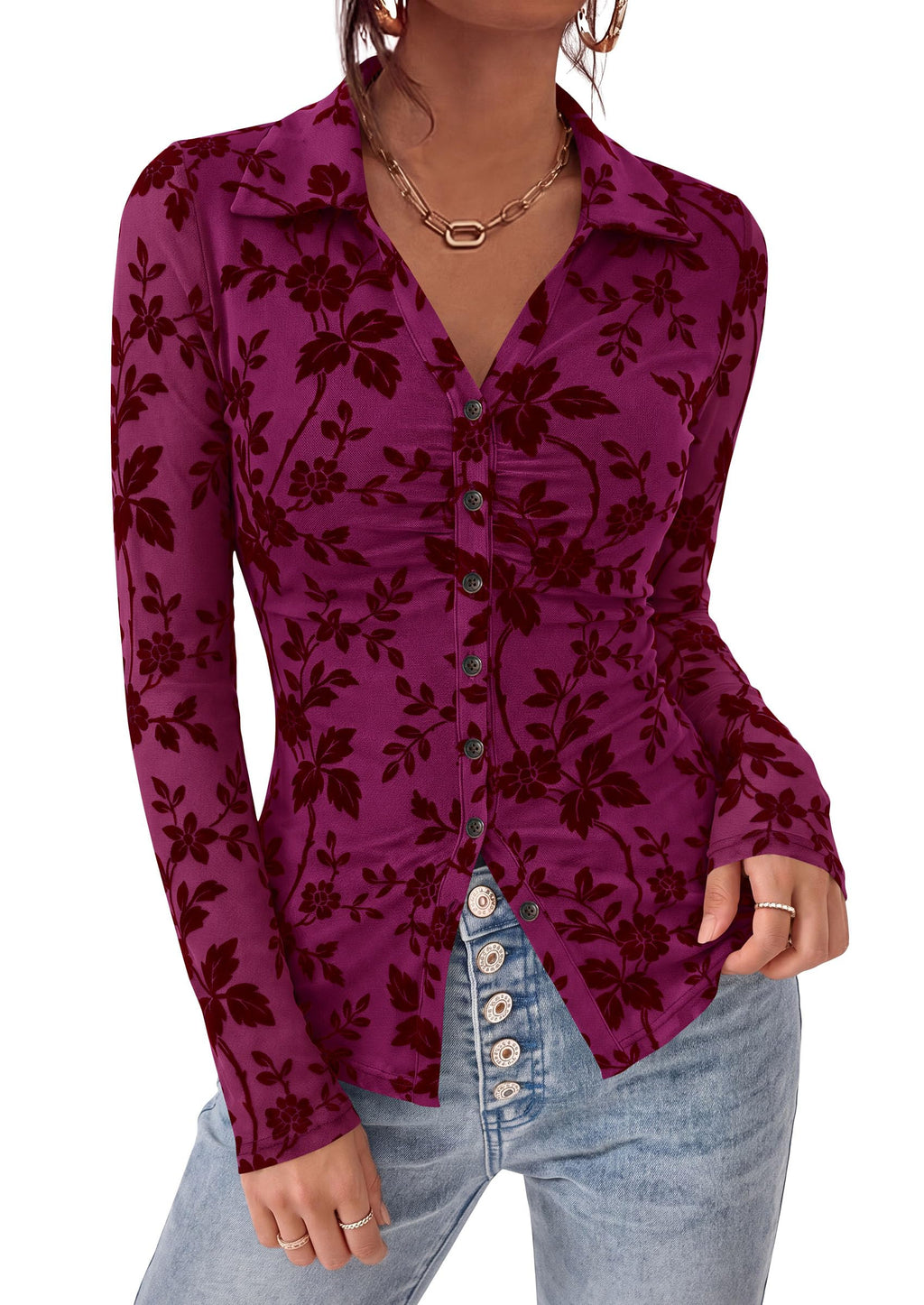 PRETTYGARDEN Women's Long Sleeve Floral Mesh Boho Tops Button Down Shirts Fall Blouses Dressy, Ruched Slim Fit, Collared V Neck, Trendy Going Out Date Night Outfit, Elegant Casual Work Office Clothes