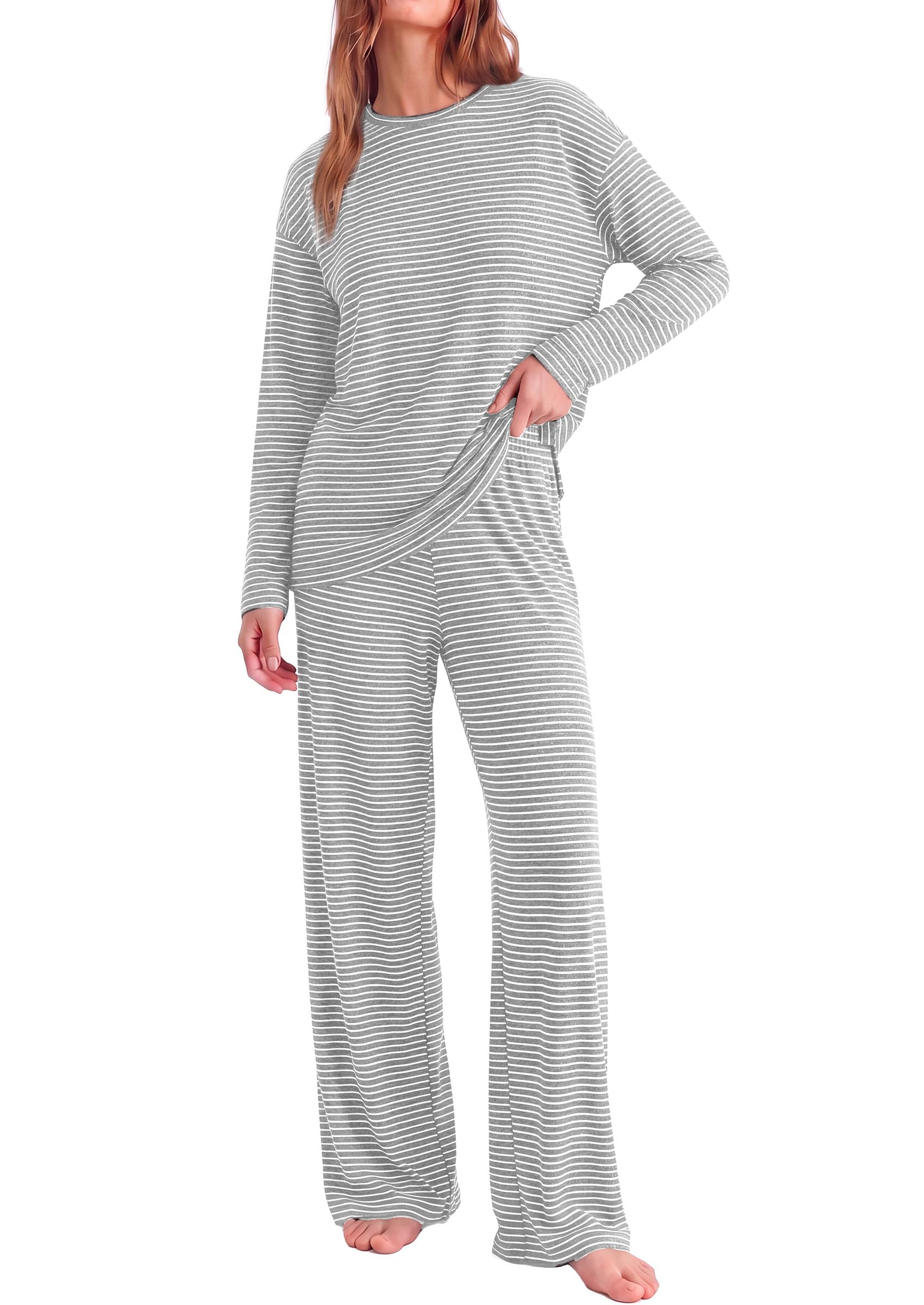 PRETTYGARDEN Womens Striped Lounge Set Fall Winter 2 Piece Sets Side Slit Long Sleeve T-Shirts & Wide Leg Pants, Matching Pajama Sets, Comfy Pj Set, Loungewear with Pockets, Fashion Clothes