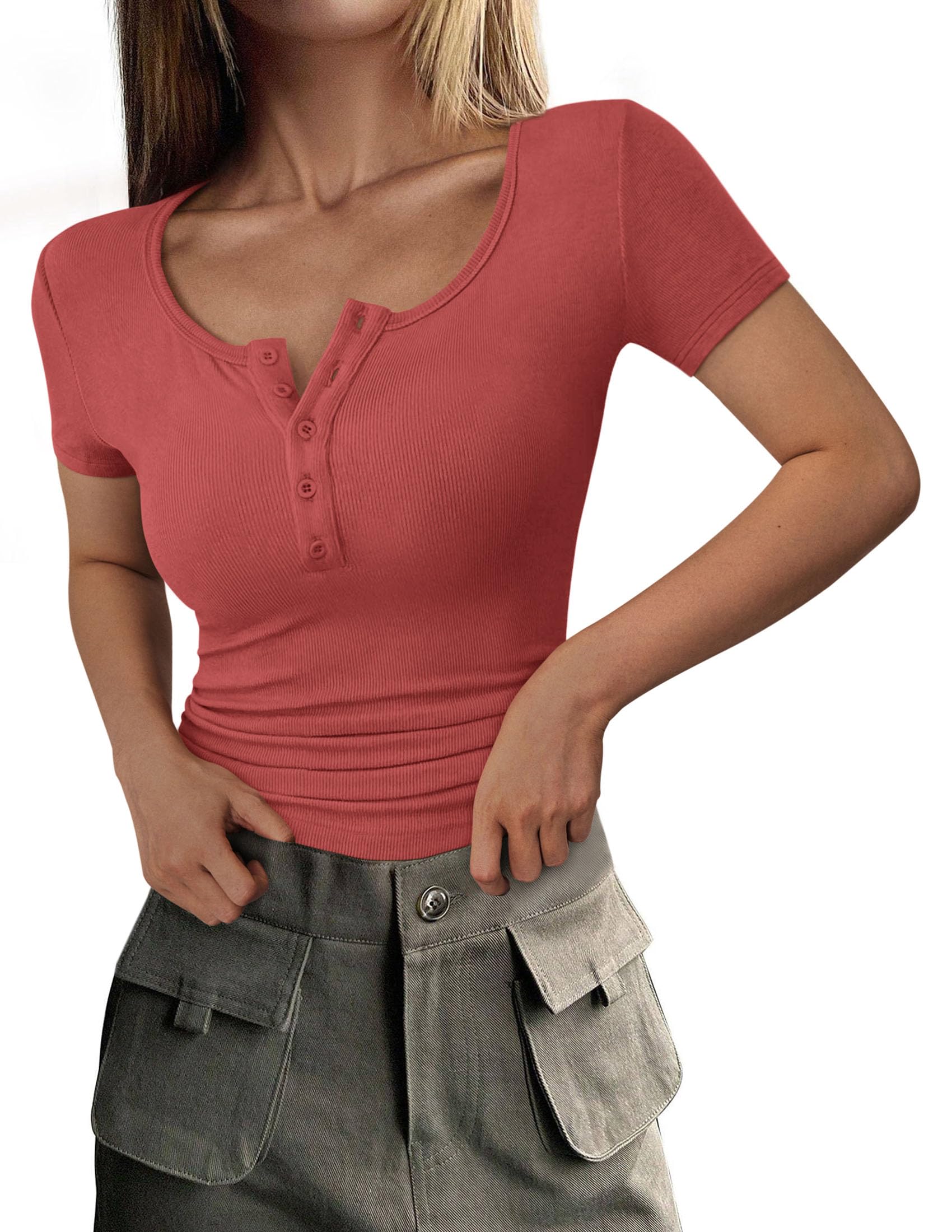 PRETTYGARDEN Women's  Fall Summer Short Sleeve Tops Ribbed Henley Button Slim Fit Basic Casual T Shirts Blouse Clothing