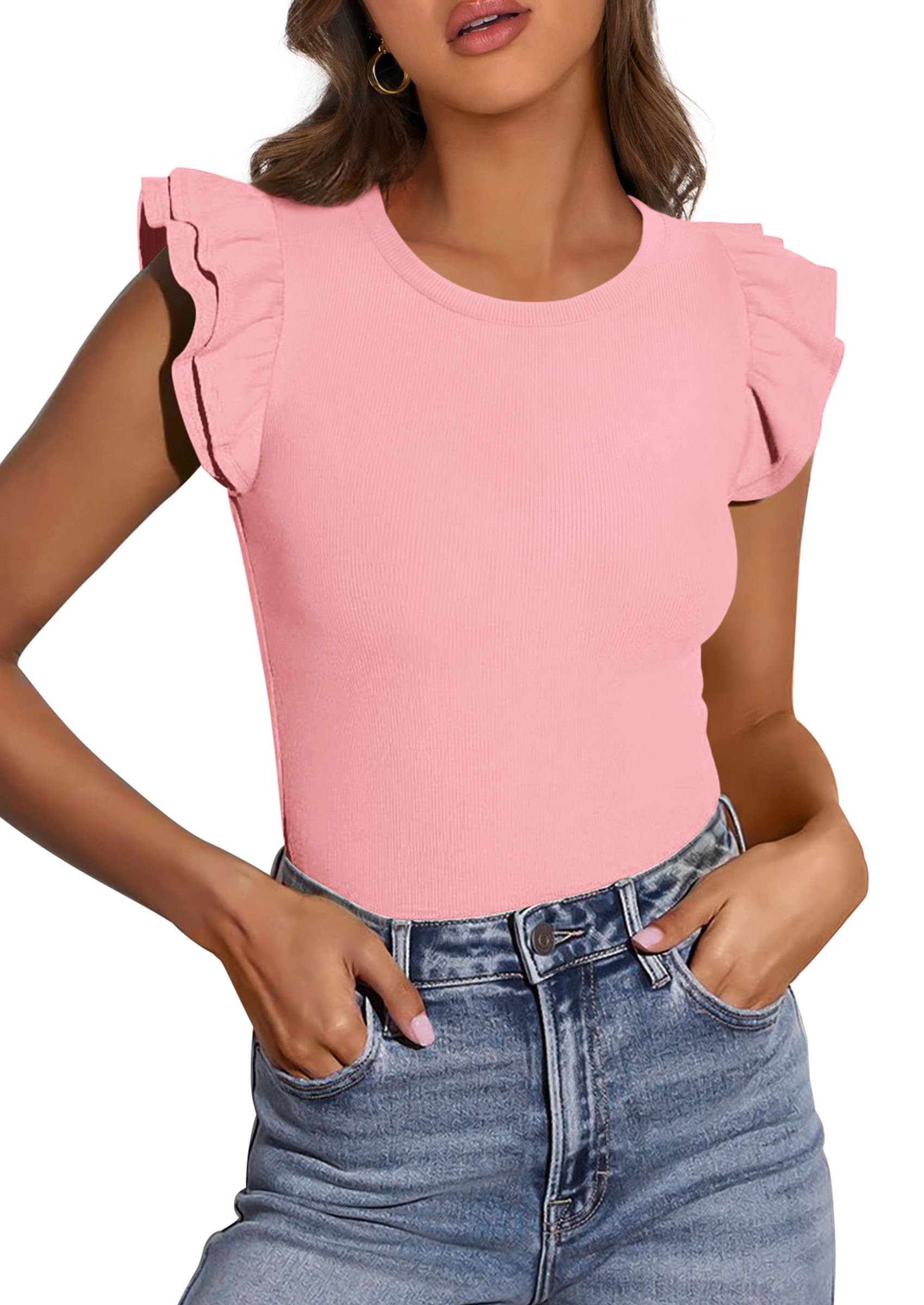PRETTYGARDEN Womens Summer Crew Neck T Shirts Trendy Ruffle Sleeve Slim Fit Knit Going Out Tops Casual Spring Clothes