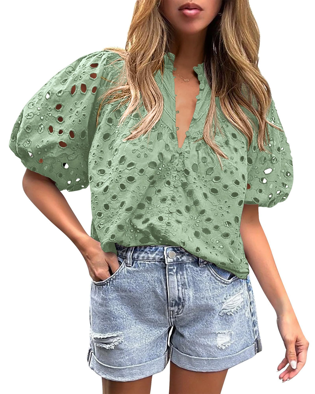 PRETTYGARDEN Women's Summer Tops Dressy Casual Short Sleeve V Neck Buttons Hollow Out Lace Embroidered Blouses Shirts