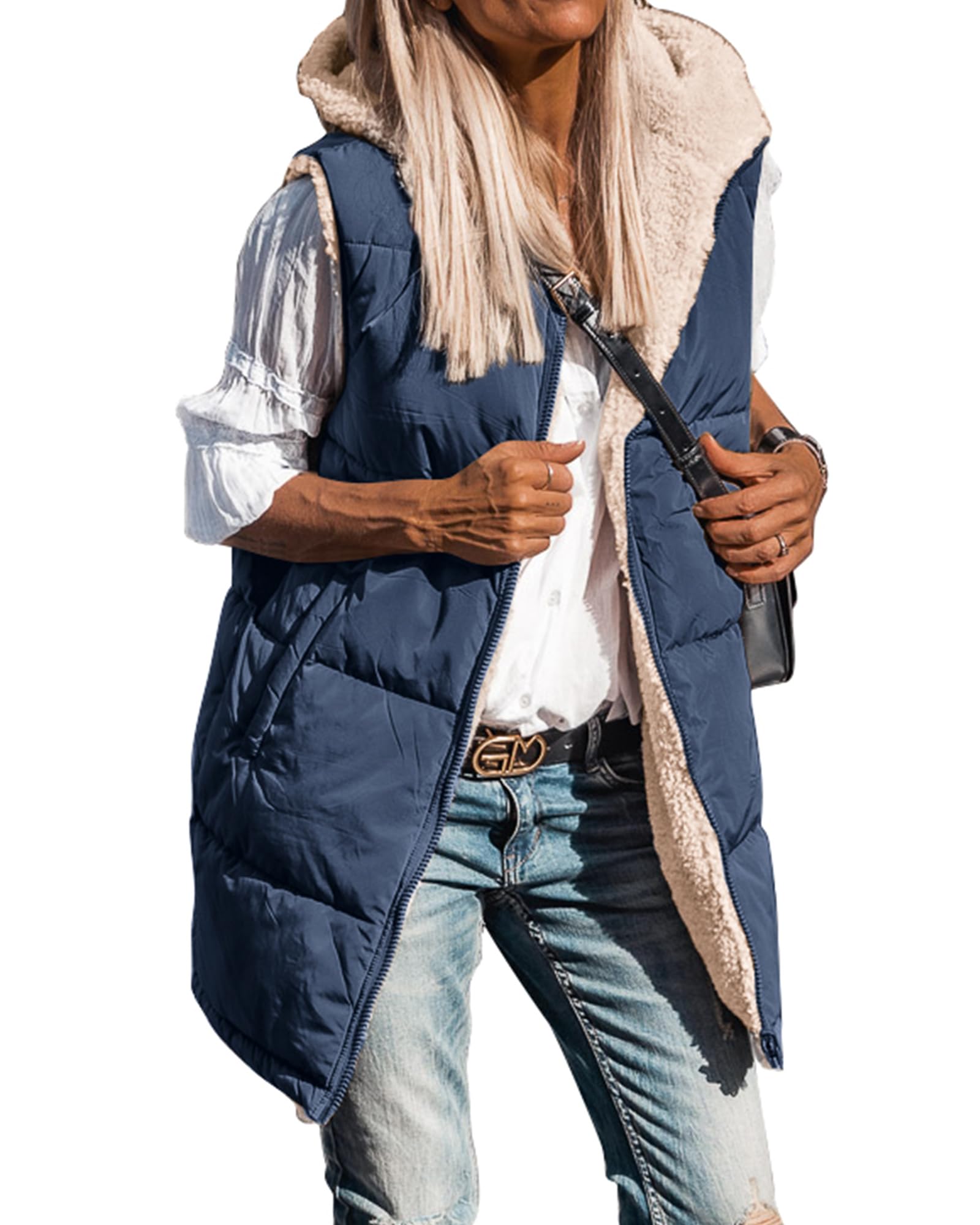 BTFBM Long Puffer Vest Women Fleece Sherpa Jacket Sleeveless Hooded Reversible Zip Up Winter Coat Fall Vests Outerwear