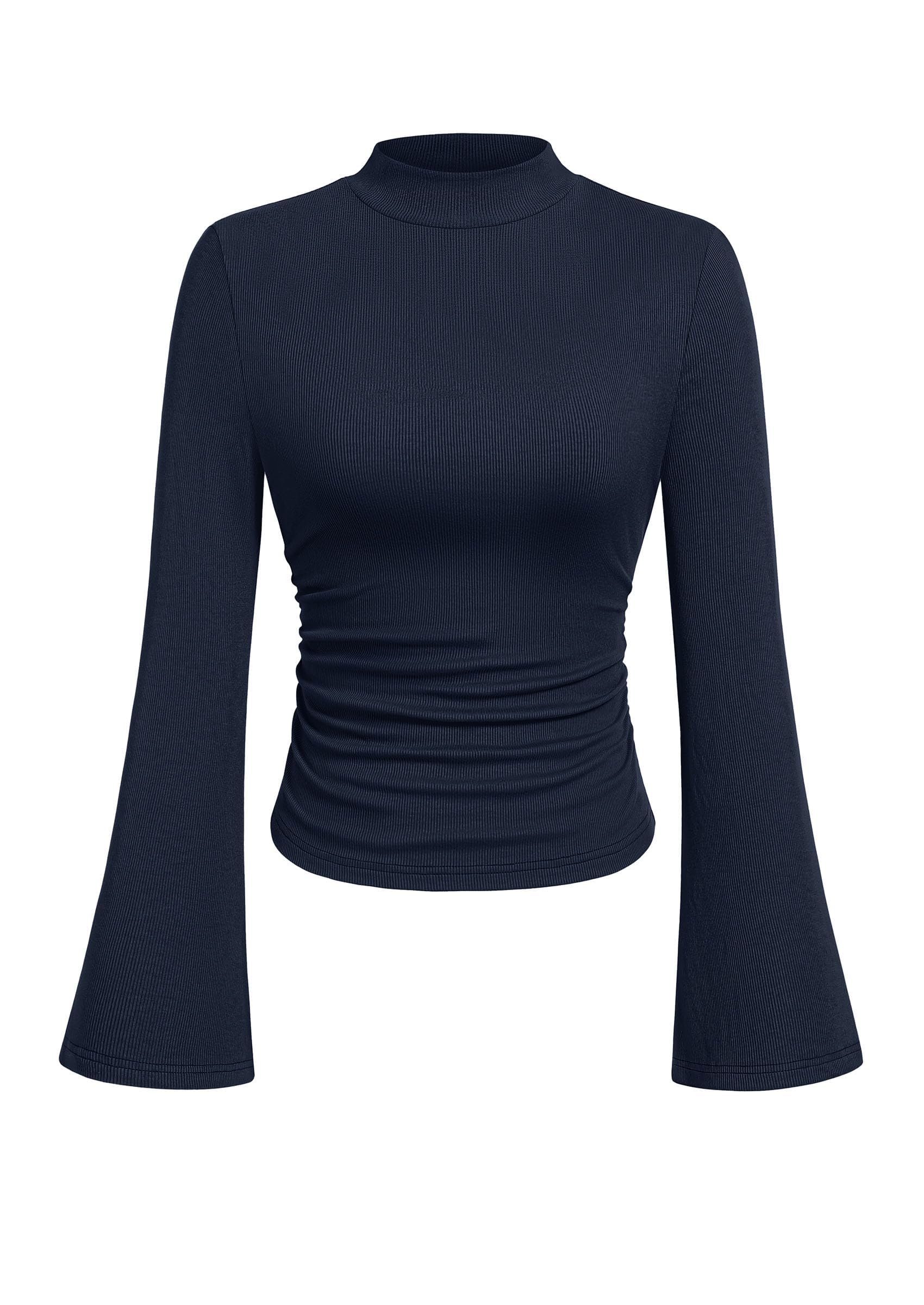 PRETTYGARDEN Womens Long Bell Sleeve Mock Neck Ribbed Tops