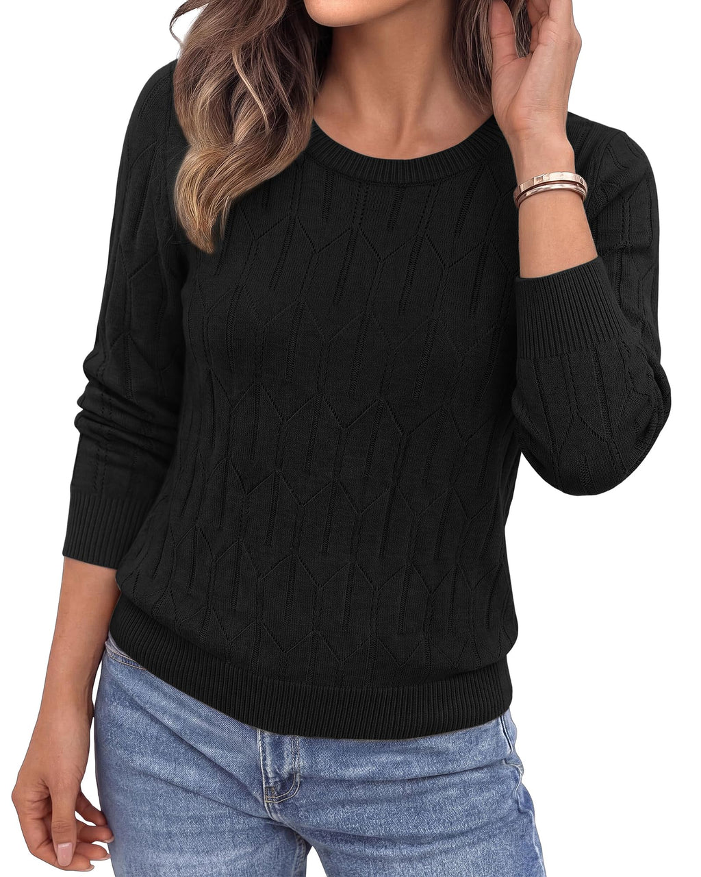 BTFBM Womens Sweaters Long Sleeve Crewneck Pullover Tops Dressy Casual Lightweight Knit Sweater,Small Hollow Out Boho Shirts, Fall Fashion,Winter Layer Basic Clothes,Business Casual Outfits