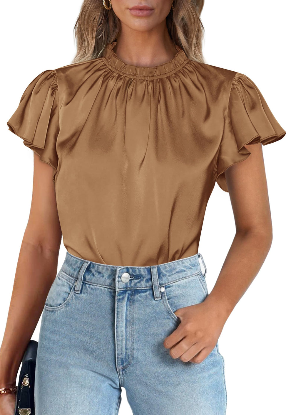 PRETTYGARDEN Business Casual Tops for Women Blouses Dressy  Summer Short Sleeve Ruffle Satin Work Office Attire