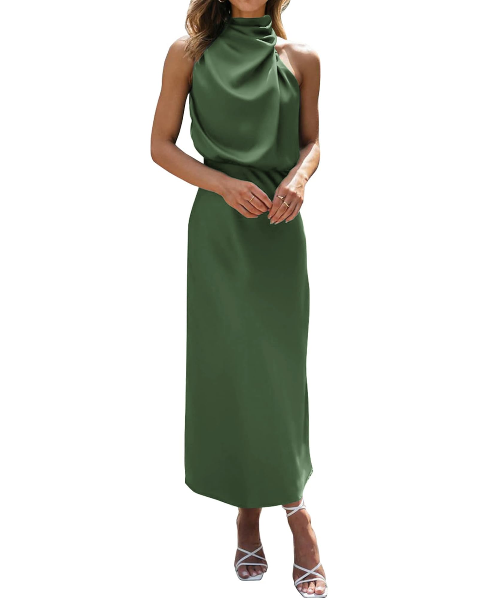 BTFBM Cocktail Dresses for Women Summer Satin Silk Sleeveless Mock Neck Maxi Wedding Guest Dress Spring Outfits