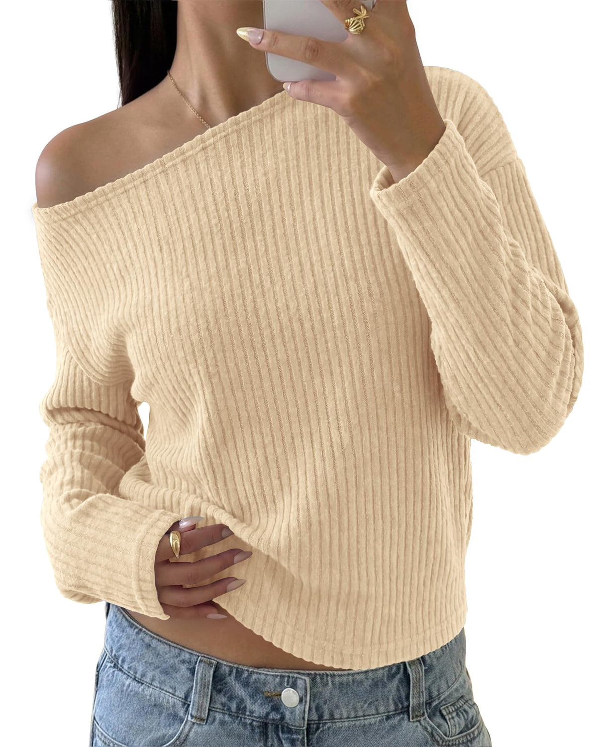 FreshPretty Womens Off The Shoulder Sweater Rib Asymmetrical Tops,Long Sleeve Knit Pullover Sweaters,Cute Fitted Y2K Jumper Top,Soft Casual Tee Shirts,Fall Fashion Going Out Outfits
