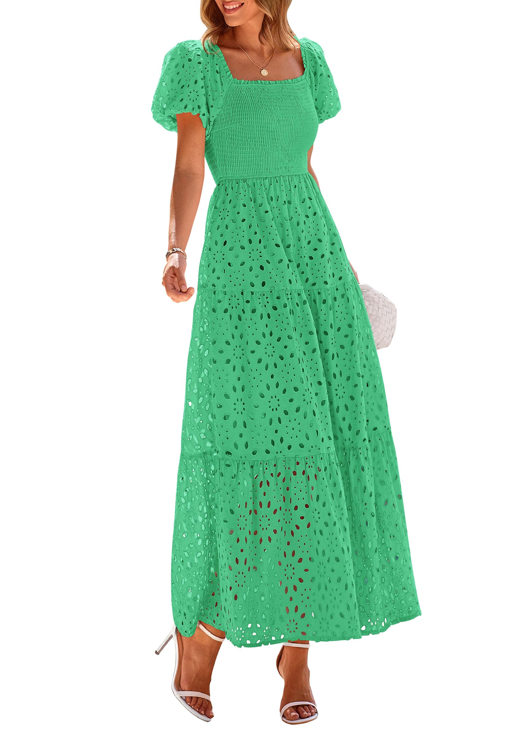 PRETTYGARDEN Summer Dresses for Women Eyelet Square Neck Puff Sleeve Smocked Wedding Guest Maxi Dress with Pockets