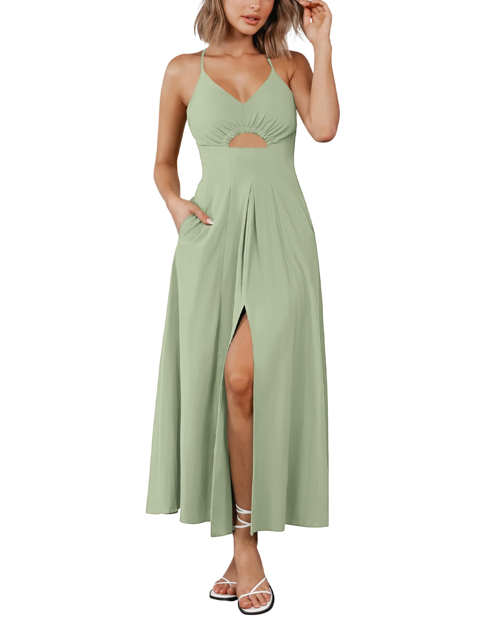 BTFBM Women Spaghetti Strap Midi Summer Dresses Sleeveless V Neck Cutout Slit Casual Beach Party Maxi Dress Pockets