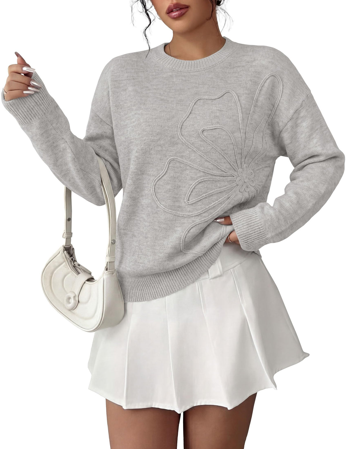 PRETTYGARDEN Women Fall Sweaters Trendy Floral Knit Pullover | Flower Embroidered Tops, Crew Neck, Soft Long Sleeve Shirts, Cozy Winter Layering Clothes for Casual Outing, Holiday Party