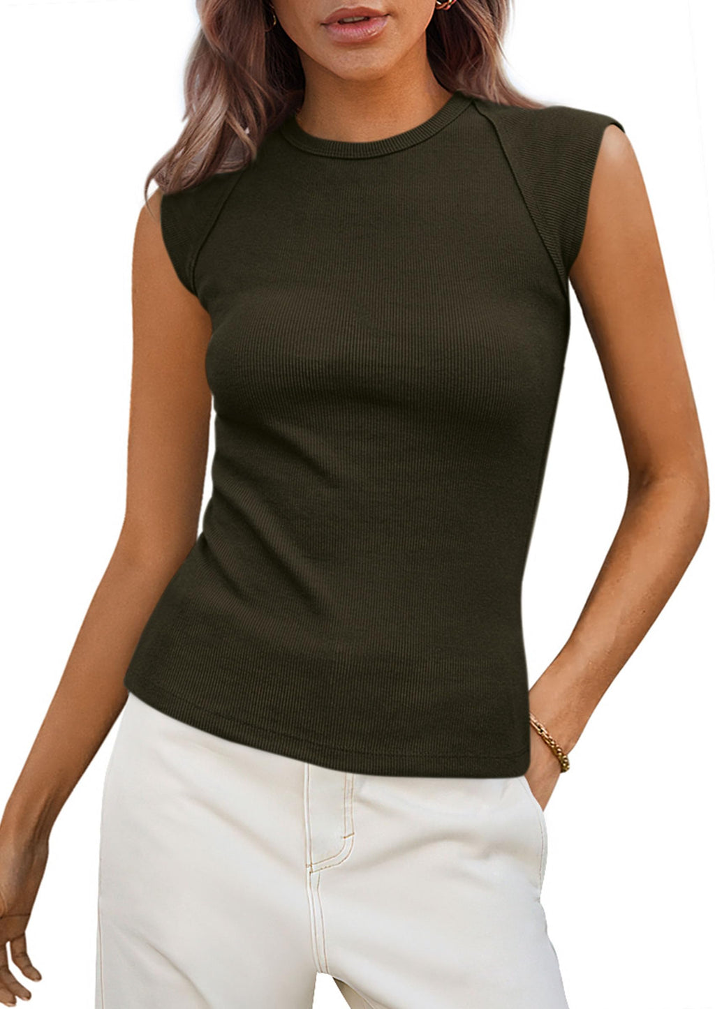 PRETTYGARDEN Women's Ribbed Tank Tops Summer Cap Sleeve Slim Fitted Knit Basic Casual Tee Shirts Trendy Fashion Clothes