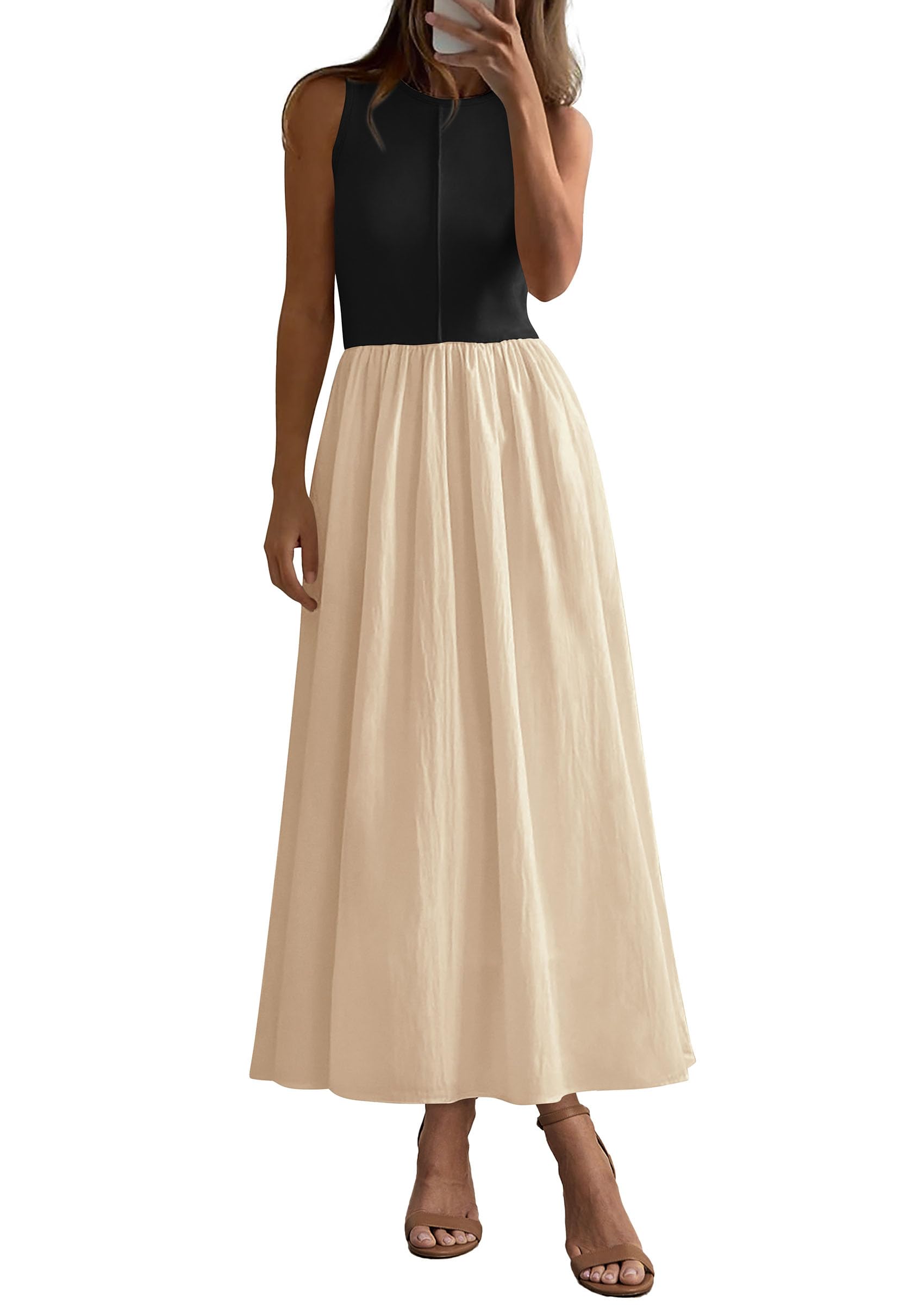 PRETTYGARDEN Maxi Dresses for Women Summer Casual Sleeveless Patchwork Flowy Vacation Sundress Knit Long Work Tank Dress