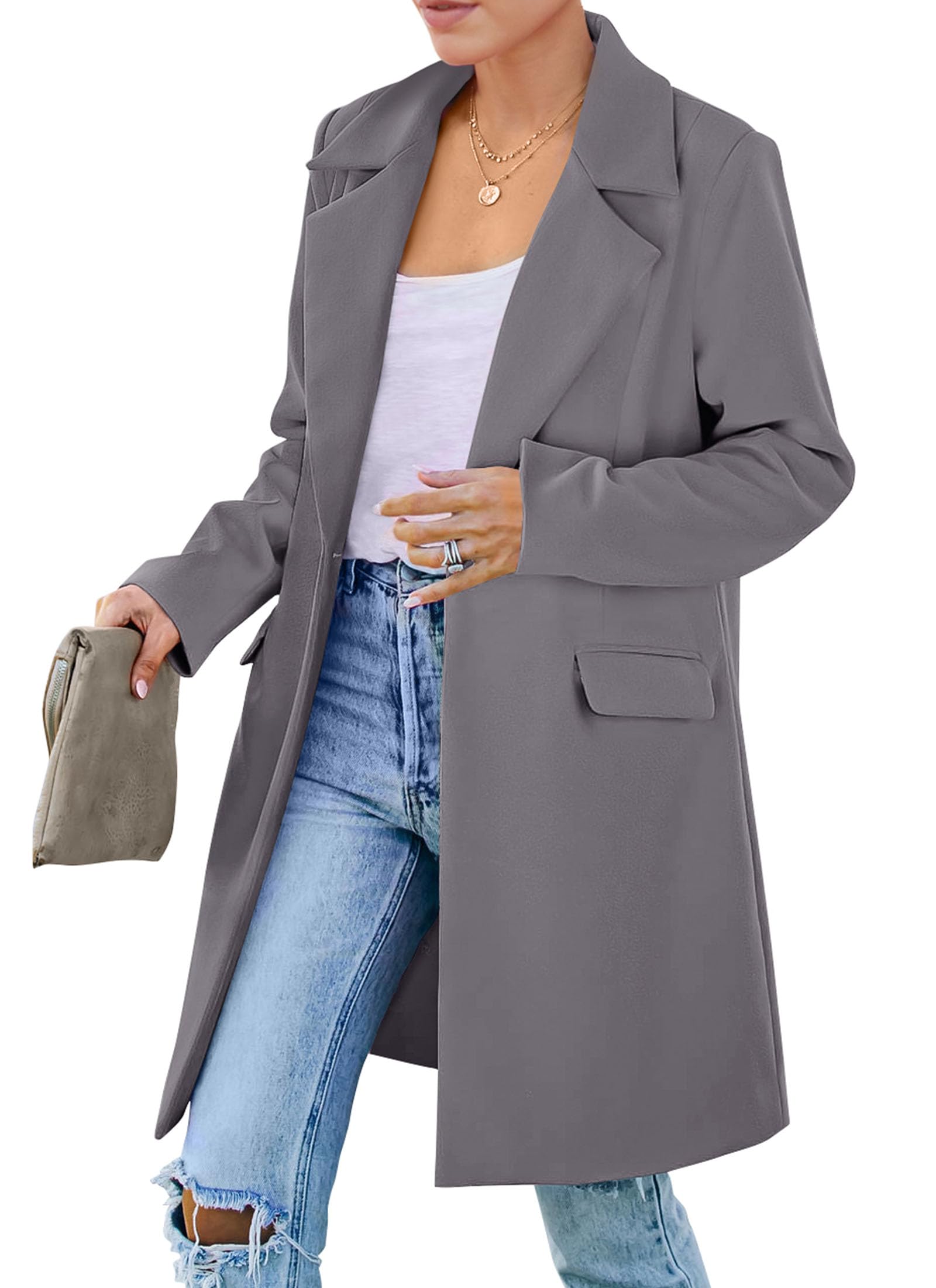 PRETTYGARDEN Women's Spring Fall Long Blazer Jackets Long Sleeve Lapel Pockets Loose Fit Work Casual Blazers Outerwear