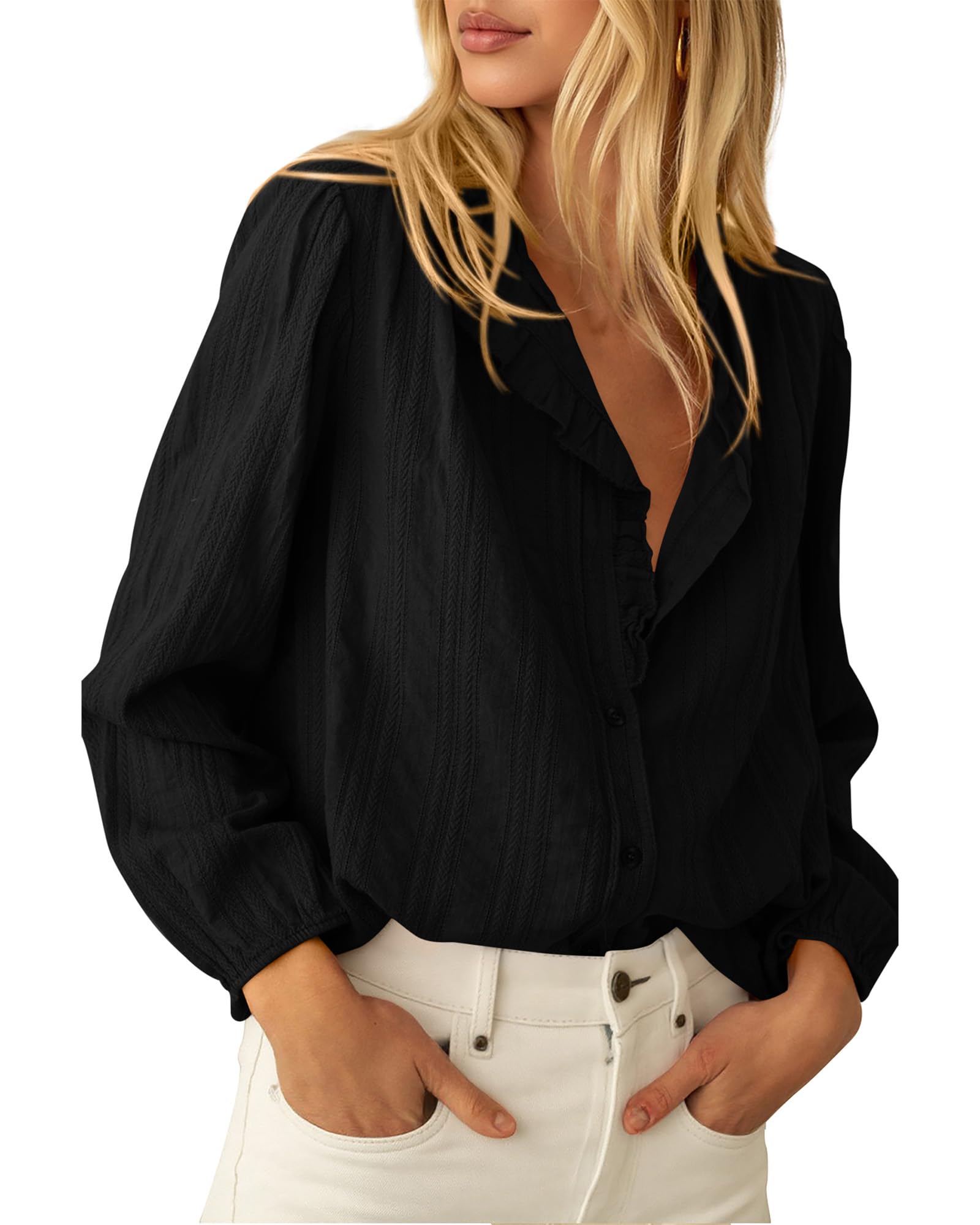 BTFBM Long Sleeve Shirts for Women Trendy Ruffle Tops Lightweight Button Down Shirt Loose Spring Blouses
