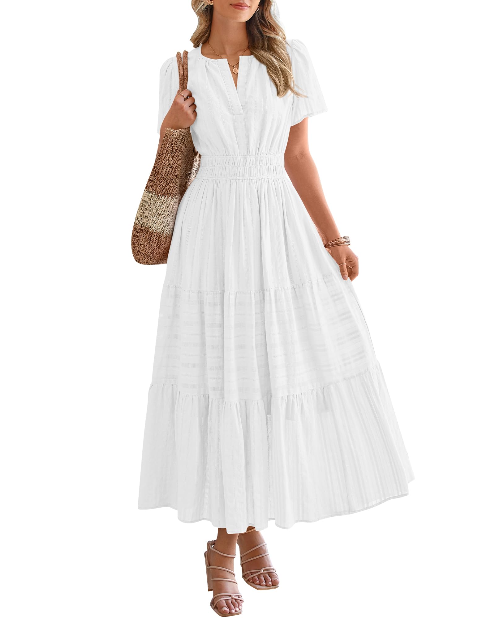 BTFBM Womens Summer Casual Midi Maxi Dresses Lightweight Short Sleeve V Neck Elastic Waist Boho Beach Dress Pockets