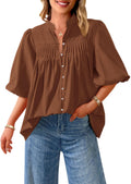 PRETTYGARDEN Women's  Summer Short Lantern Sleeve Tops Loose Fit Button Down Shirt Pleated V Neck Blouses Trendy Clothes