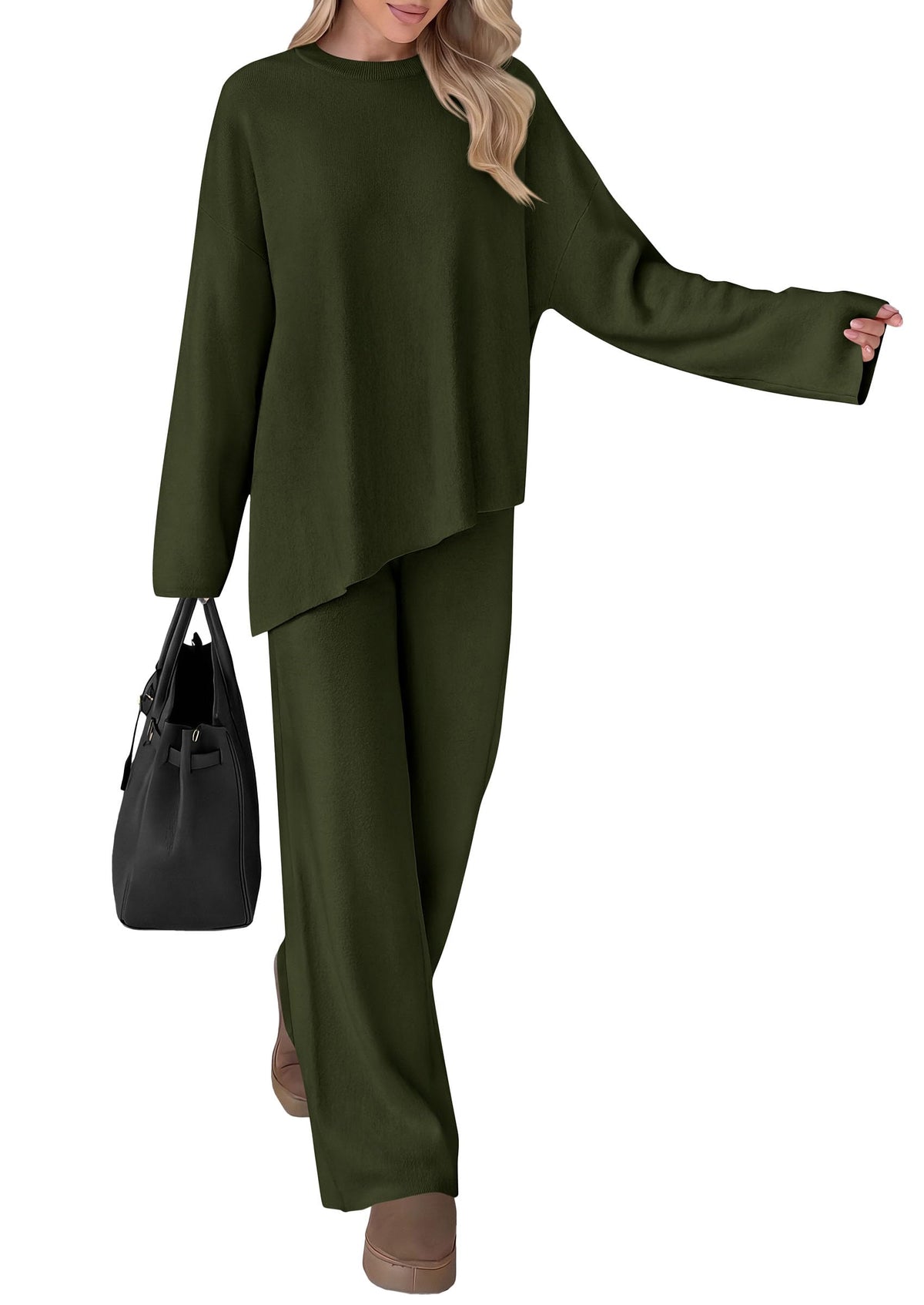 PRETTYGARDEN Womens Fall 2 Piece Asymmetric Cozy Sweater Travel Lounge Sets Crewneck Drop Shoulder Tops, Wide Leg Pants, Soft Casual Knit Matching Set,Vacation Airport Holiday Outfits