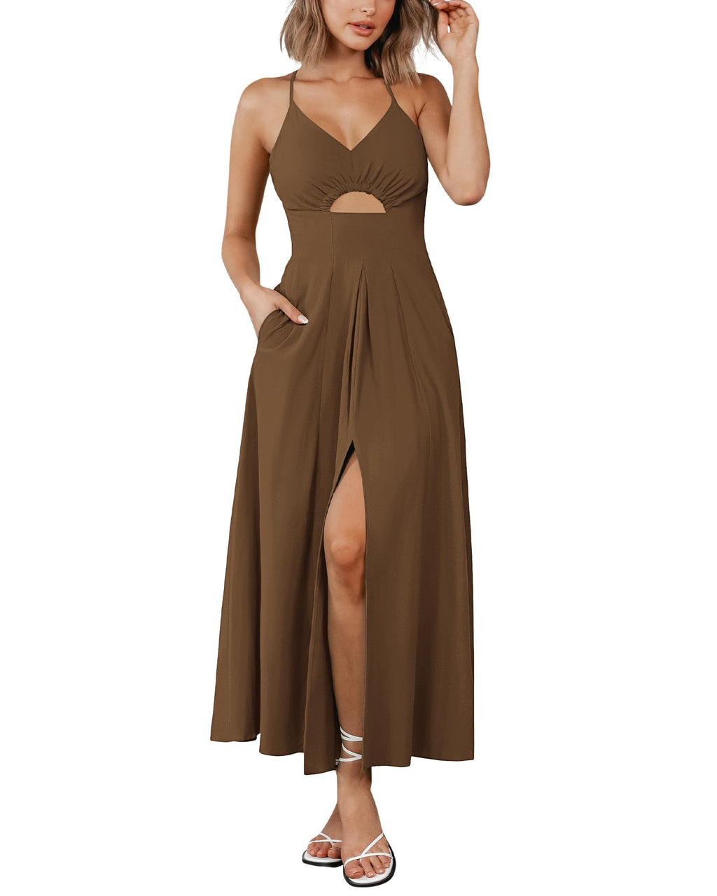 BTFBM Women Spaghetti Strap Midi Summer Dresses Sleeveless V Neck Cutout Slit Casual Beach Party Maxi Dress Pockets
