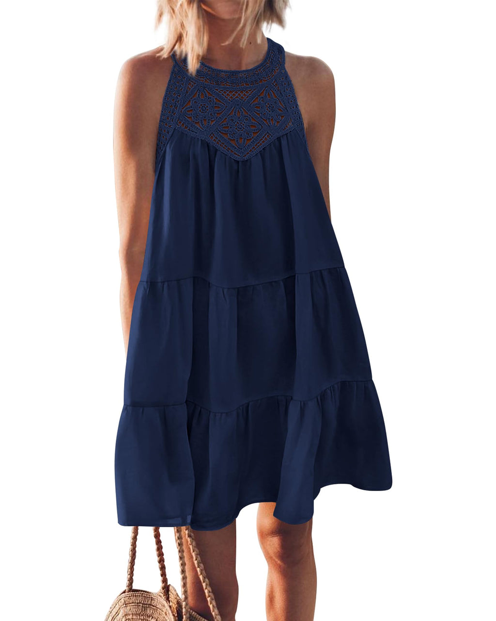 PRETTYGARDEN  Women Summer Dresses Casual Spring Clothes Sleeveless Halter Neck A-Line Tiered Mini Dress Beach Sundress