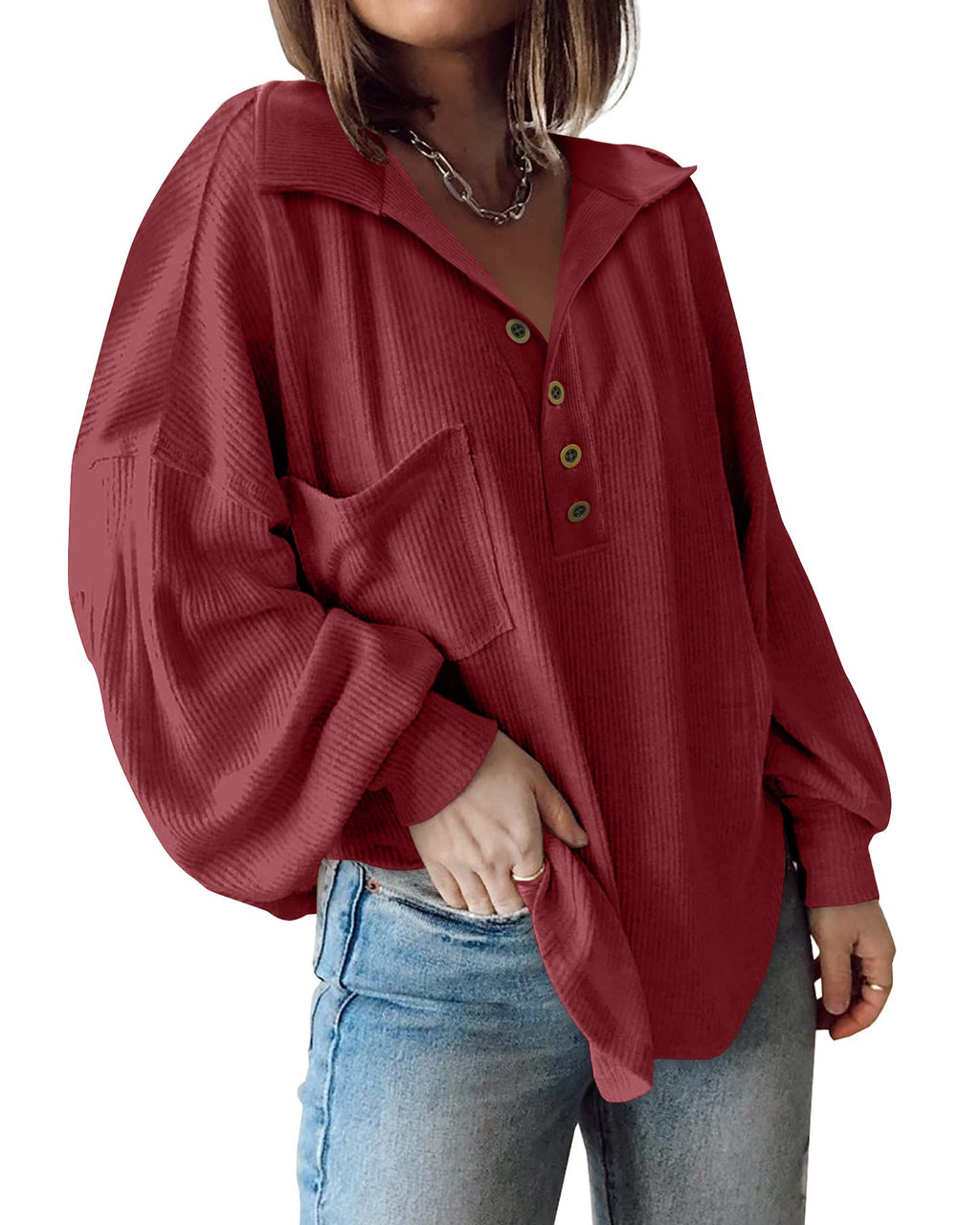 BTFBM Womens Fall Fashion Long Sleeve Shirts Casual V Neck Ribbed Knit Blouses Pullover Trendy Loose Fit Tunic Tops