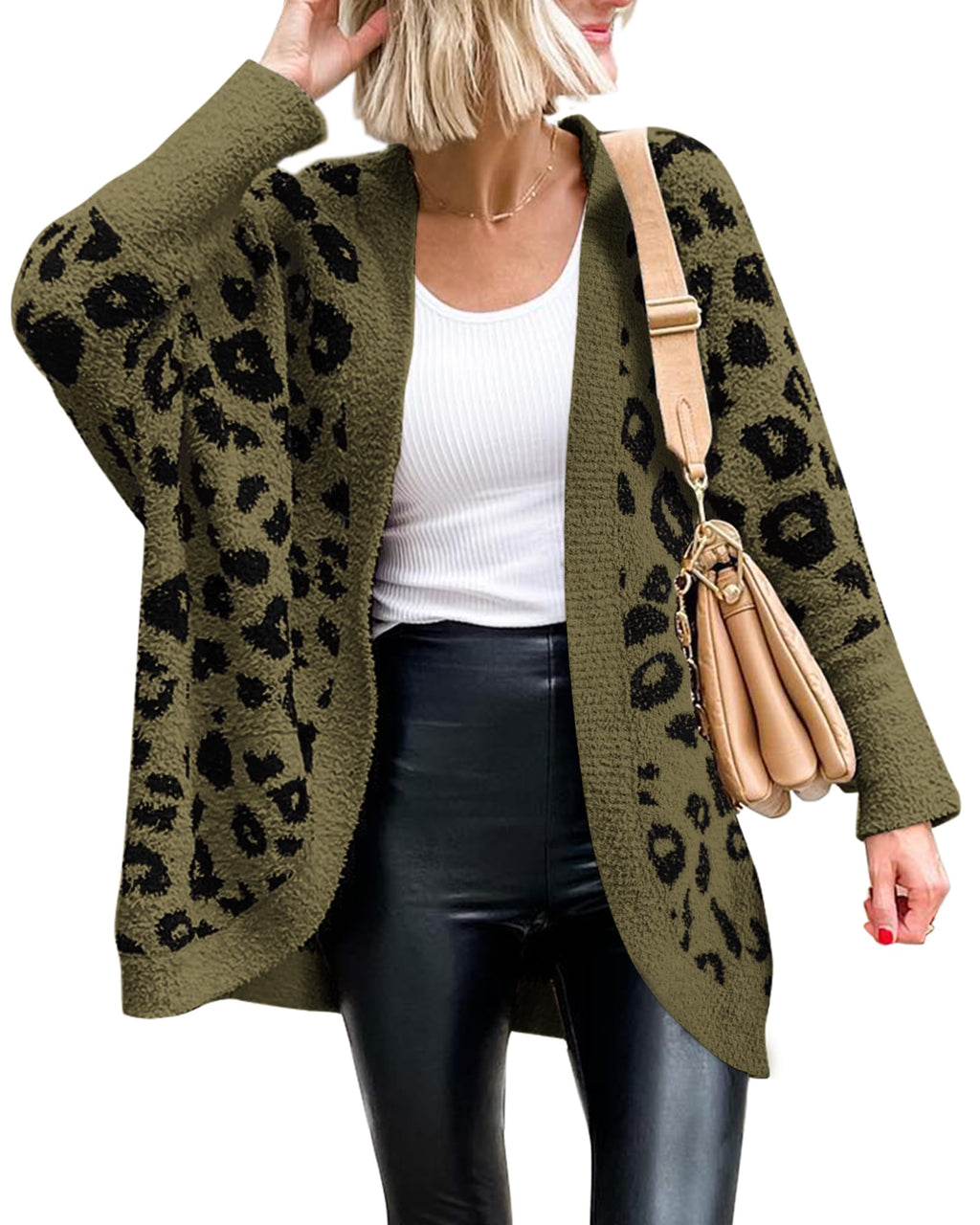BTFBM Leopard Cardigan for Women Long Sleeve Open Front Cardigans Sweaters Pockets Loose Knit Fall Spring Outwear
