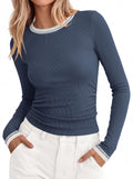 BTFBM Ribbed Long Sleeve Shirts for Women Fitted Underscrub Contrasting Crew High Neck, Ruched Side, Y2k Going Out Tops, Date Night Outfit, Work Top, Winter Fall Fashion Clothing