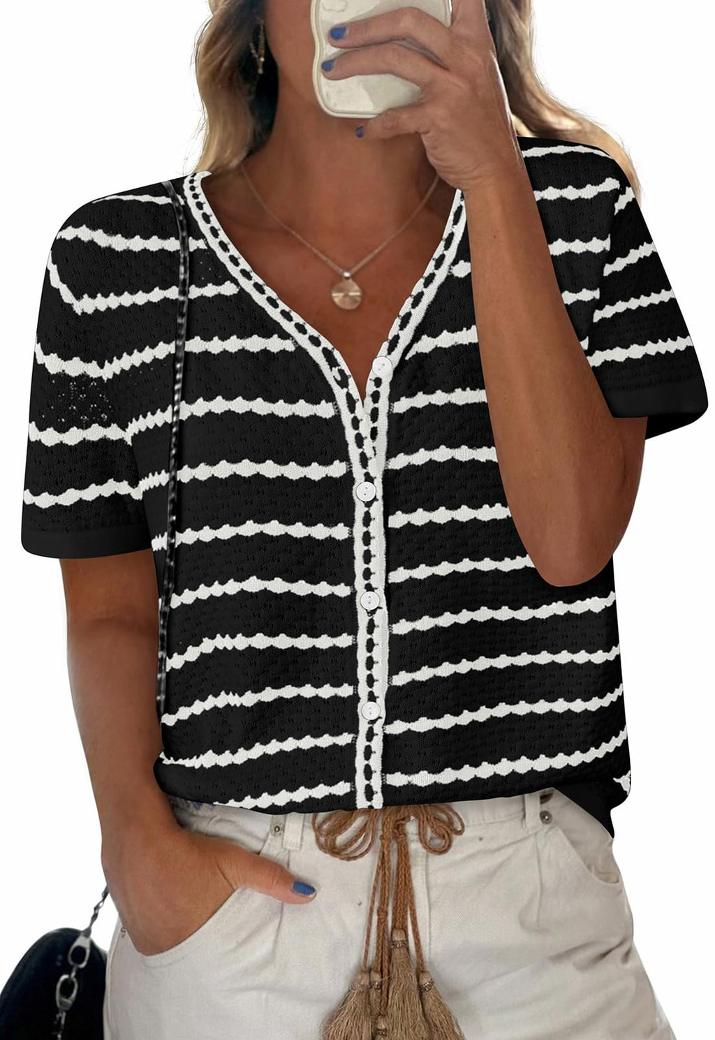FreshPretty Women's Short Sleeve Sweater Spring Summer Crochet Knit Tops V Neck Striped Button Down Dressy Casual Blouses