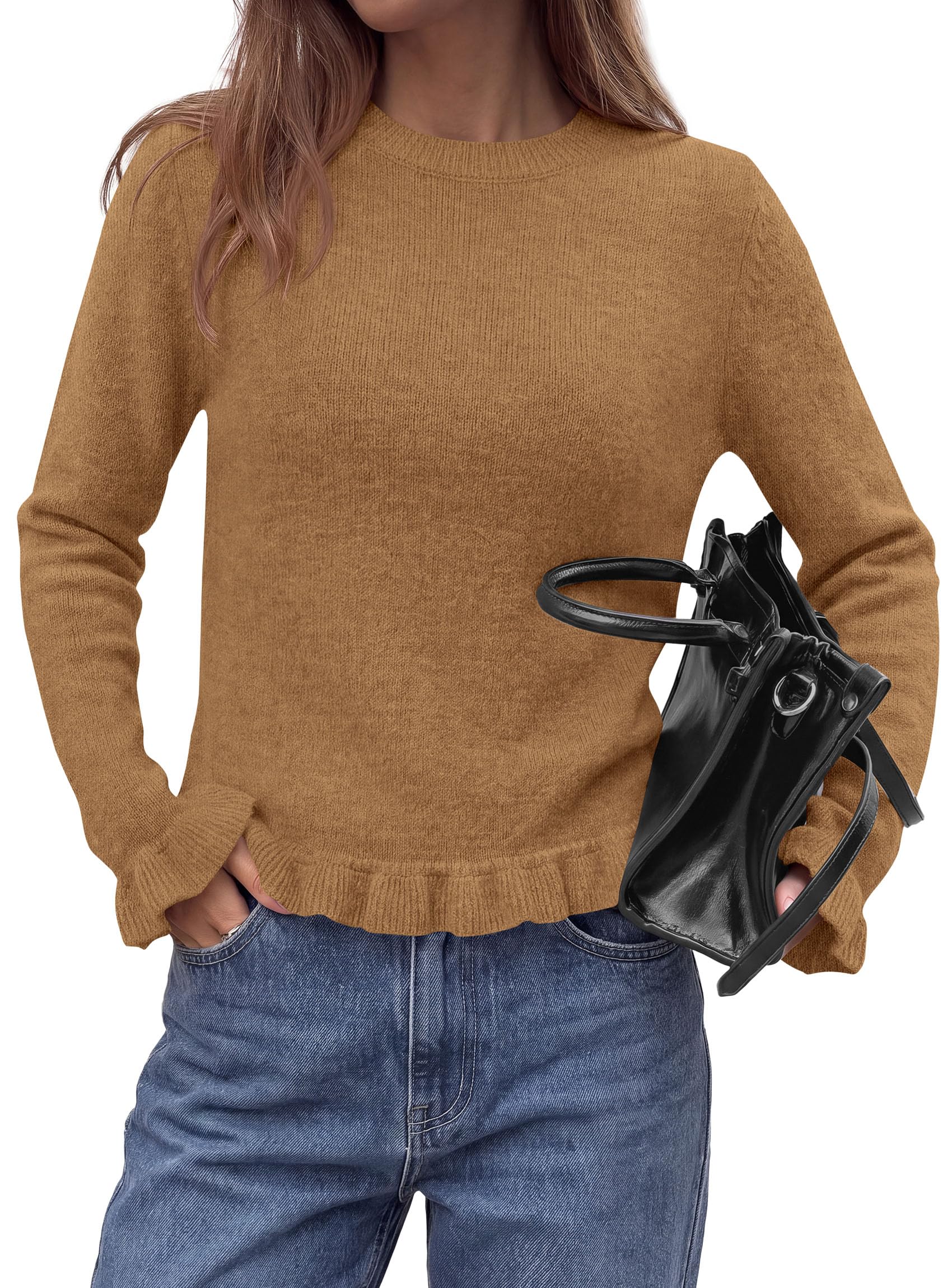 PRETTYGARDEN Women's Ruffle Sweaters Fall Fashion Cozy Knit Pullover Soft Stretchy, Crewneck Long Sleeve, Cute Peplum Tops, Dressy Casual Blouses, Going Out Holiday, Trendy Winter Outfits