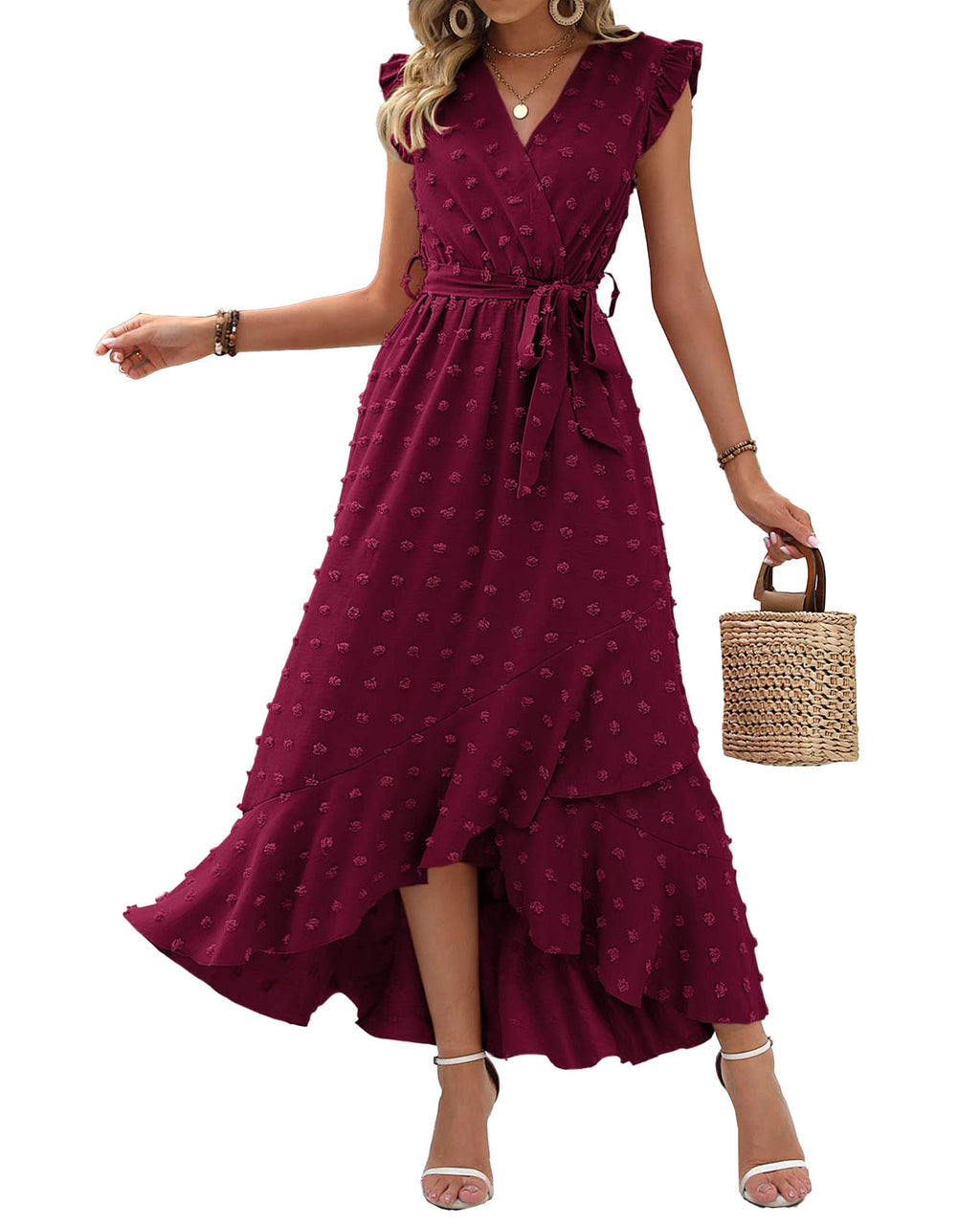 BTFBM Boho Dresses for Women Spring Fashion Cap Sleeve Swiss Dot Flowy Ruffle Beach Wedding Cocktail Maxi Dress