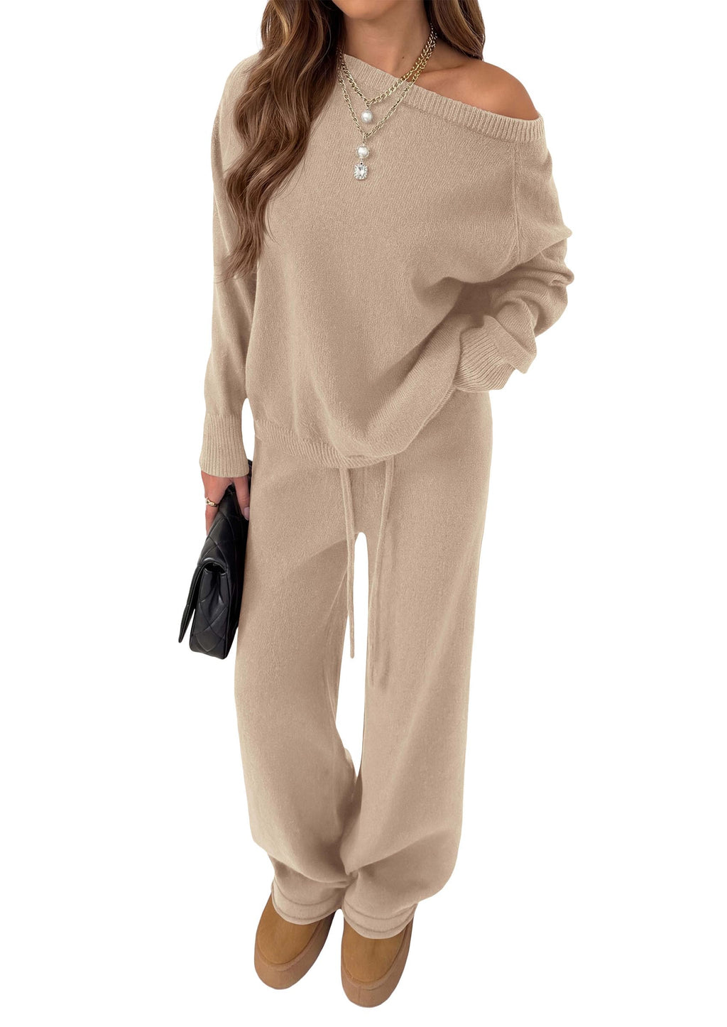 PRETTYGARDEN Lounge Sets Womens Sweaters Two Piece Outfits Cozy Boat Neck Long Sleeve Tops, Wide Leg Pants with Drawstring, Casual Fall Fashion Airport & Travel, Knit Matching Set