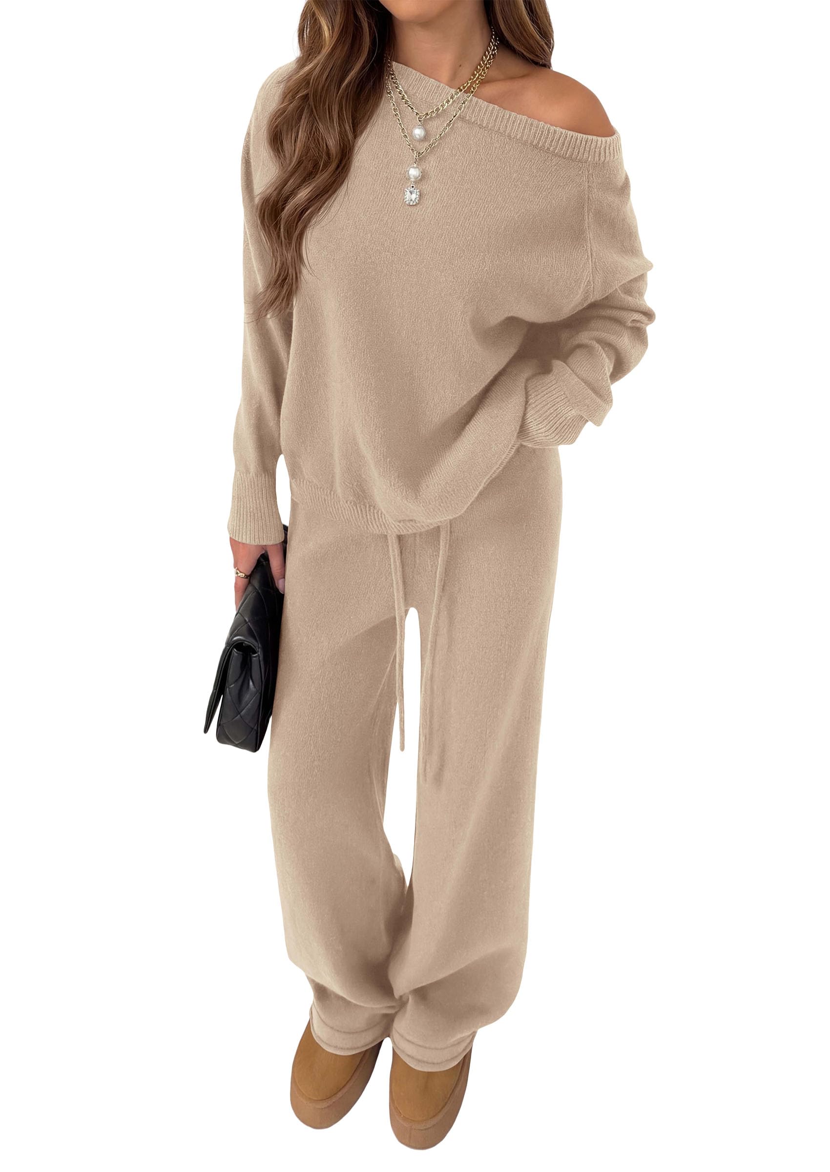 PRETTYGARDEN Lounge Sets Womens Sweaters Two Piece Outfits Cozy Boat Neck Long Sleeve Tops, Wide Leg Pants with Drawstring, Casual Fall Fashion Airport & Travel, Knit Matching Set