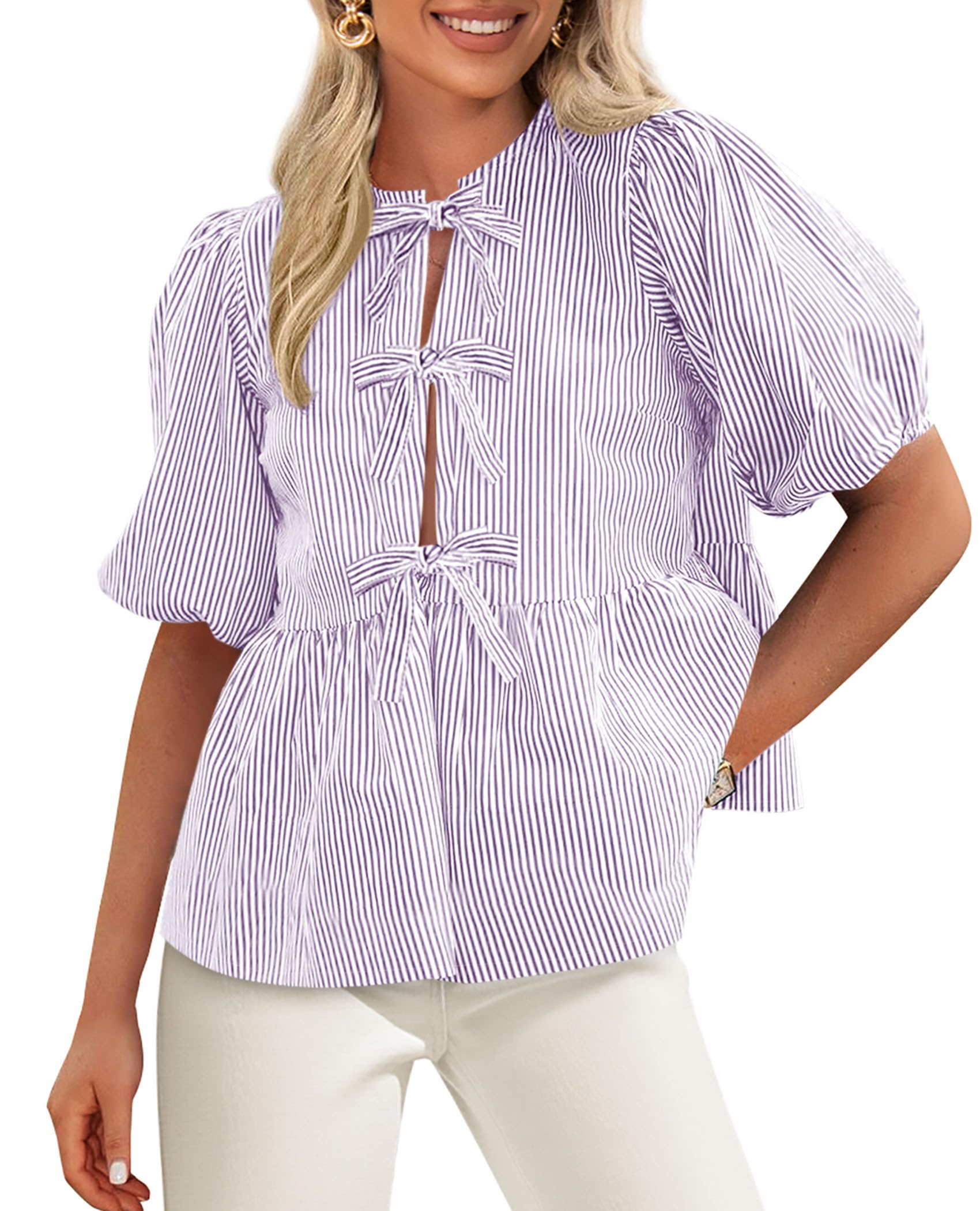 PRETTYGARDEN Women's Tie Front Striped Shirt Summer Trendy Fashion Cute Babydoll Tops Peplum Puffy Sleeve Blouse