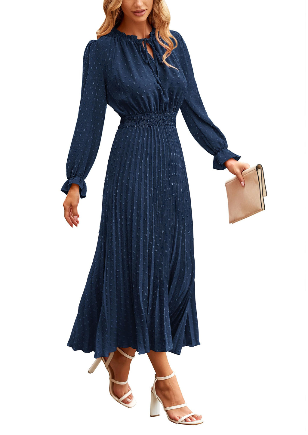 PRETTYGARDEN Women's Spring Fall Midi Dress Casual Long Sleeve V Neck Swiss Dot Pleated A Line Flowy Dresses