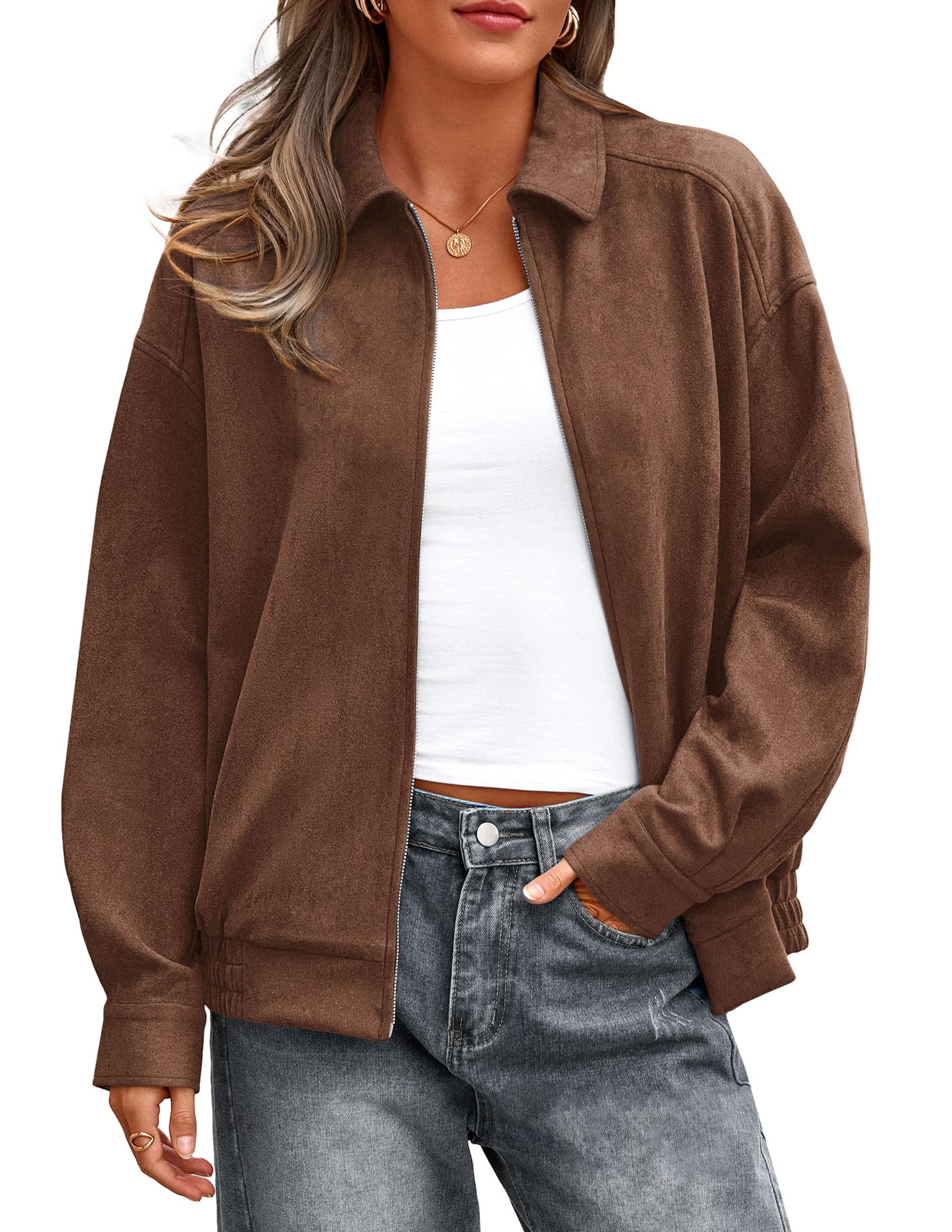 PRETTYGARDEN Faux Suede Bomber Jacket Women Fall Fashion Casual Zip Up Oversized Trendy Winter Clothing Outerwear Coats