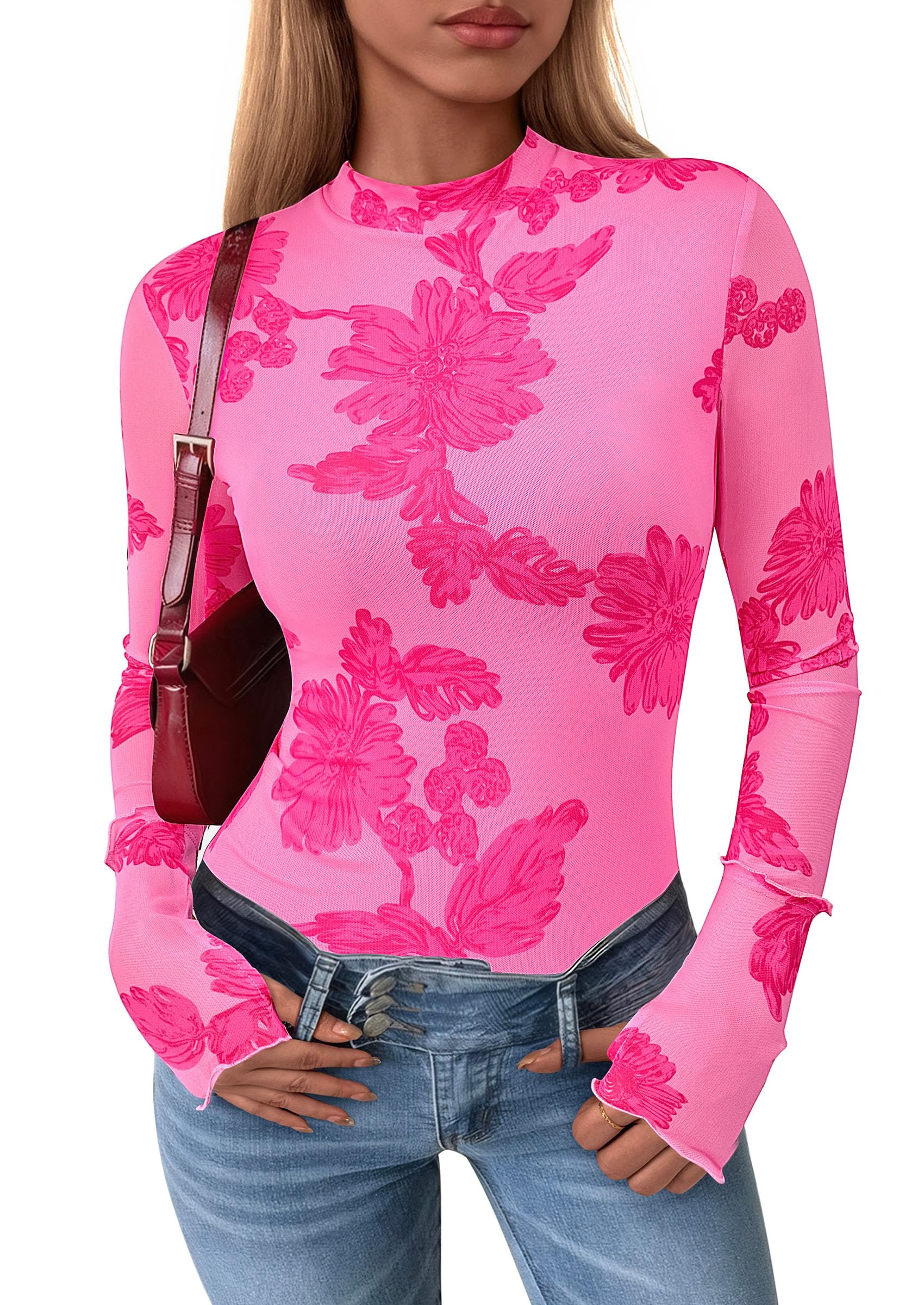 PRETTYGARDEN Womens Fall Mesh Floral Blouses Long Sleeve Going Out Tops Slim Fitted Shirts Date Night Outfits