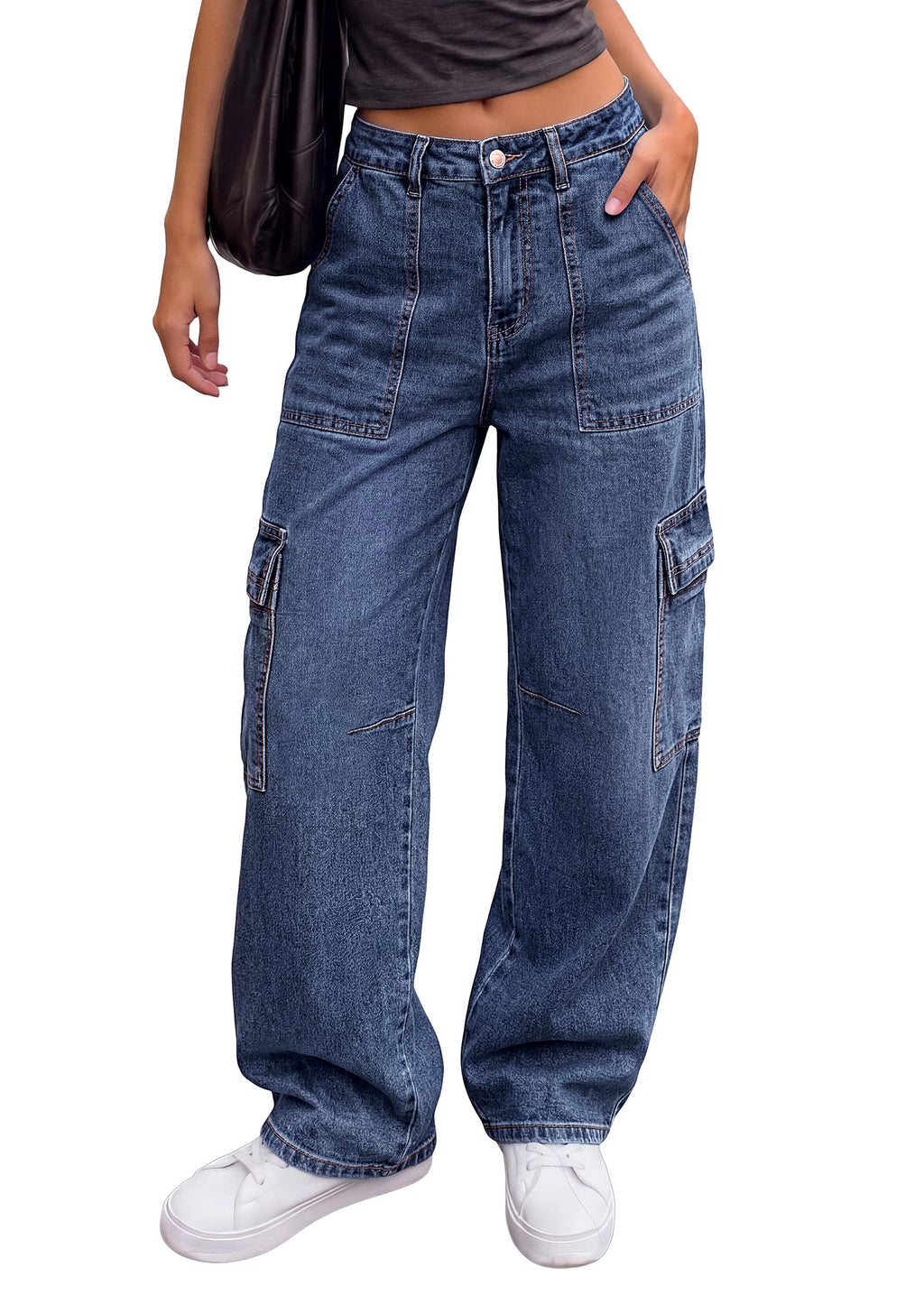 PRETTYGARDEN Barrel Pants Women Wide Leg Baggy Denim Jeans Relaxed Fit,Utility Pockets,Loose Streetwear,Boyfriend Style,Y2K Outfits,Fashion Cargo Pants,Fall Clothes