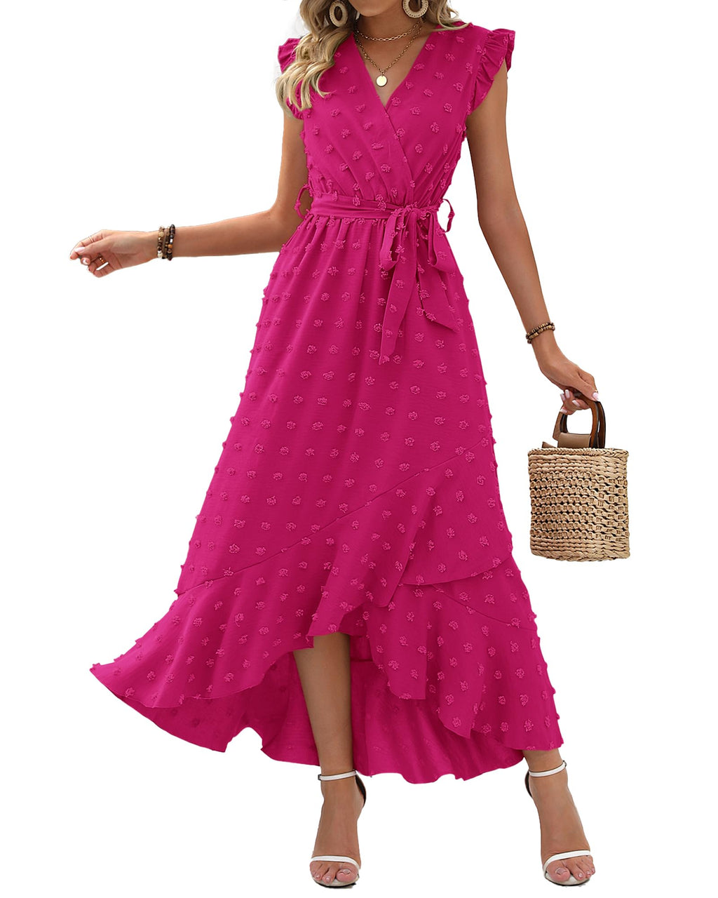 BTFBM Boho Dresses for Women Spring Fashion Cap Sleeve Swiss Dot Flowy Ruffle Beach Wedding Cocktail Maxi Dress