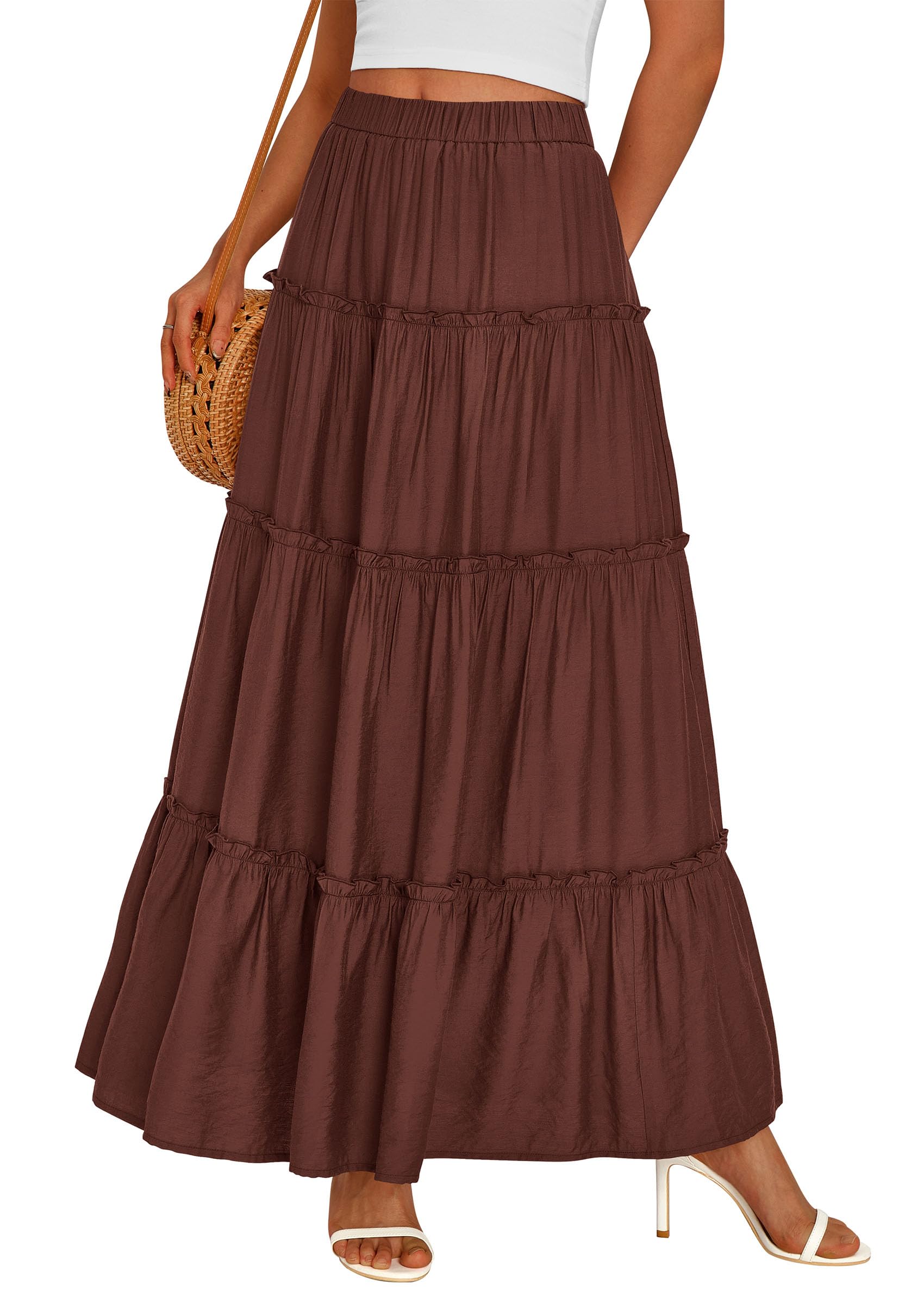 PRETTYGARDEN Women's Tiered Maxi Skirt Summer Spring Fashion High Waisted Long Flowy Casual Boho Beach Vacation Clothes