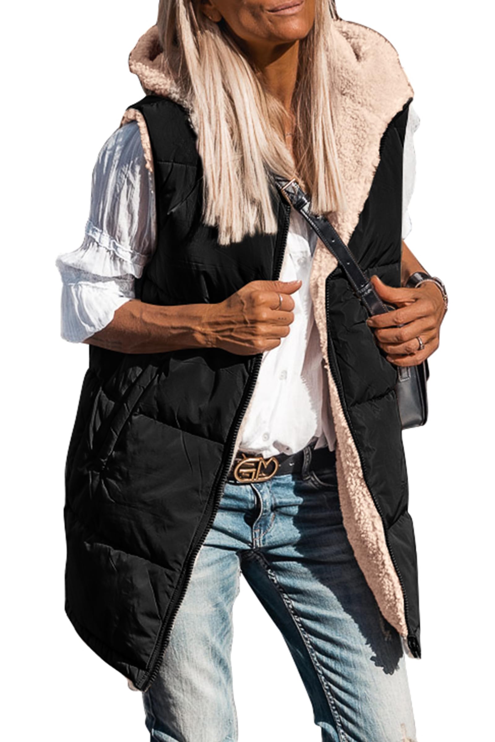 PRETTYGARDEN Womens Fall Reversible Long Vests Sleeveless Fleece Jacket Zip Up Hoodie Pockets Warm Coat Winter Clothing