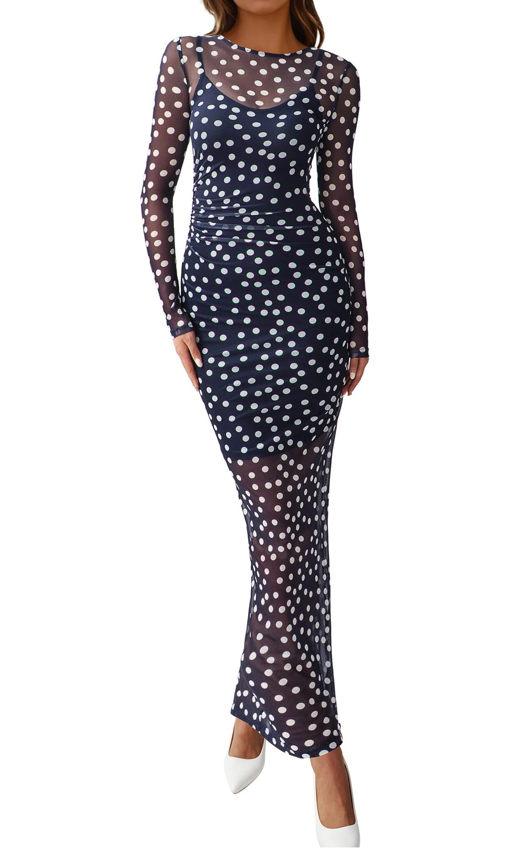 BTFBM Spring Dresses for Women 2 Piece Set Long Sleeve Polka Dot Sexy Bodycon Mesh Dress and Slip Dress Wedding