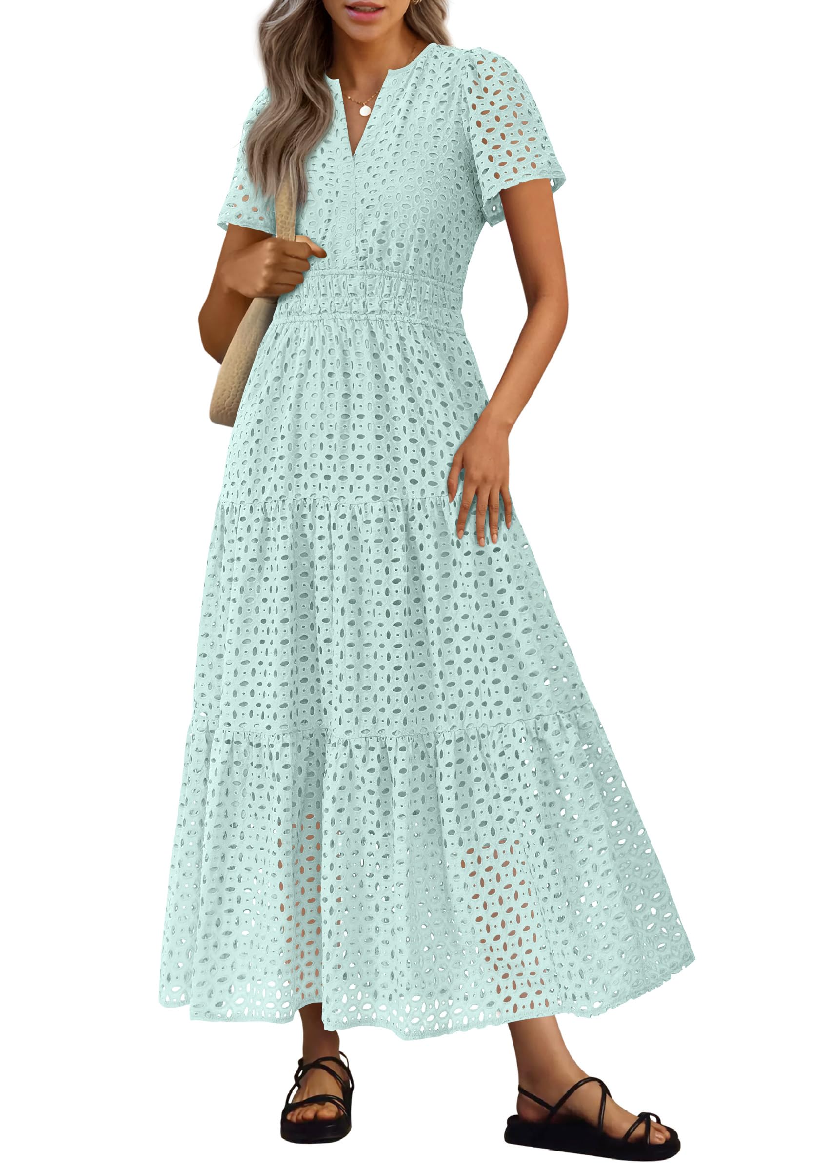 PRETTYGARDEN Womens Summer Maxi Dress Short Sleeve V Neck Hollow Out Eyelet A Line Long Flowy Beach Vacation Dresses