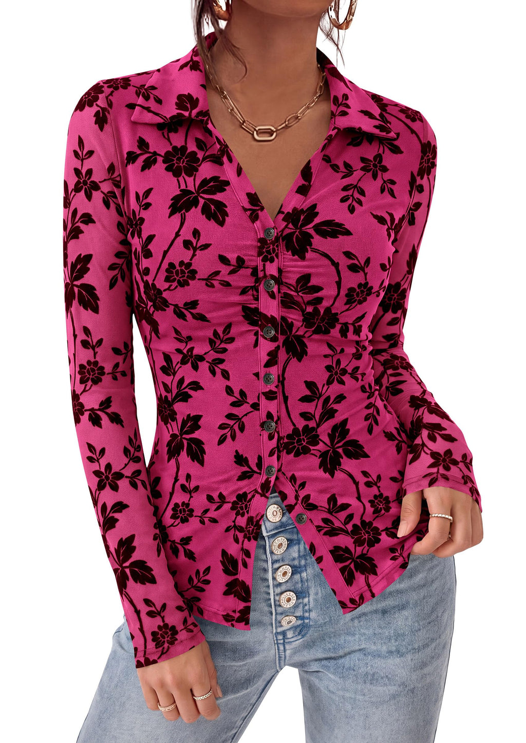 PRETTYGARDEN Women's Long Sleeve Floral Mesh Boho Tops Button Down Shirts Fall Blouses Dressy, Ruched Slim Fit, Collared V Neck, Trendy Going Out Date Night Outfit, Elegant Casual Work Office Clothes