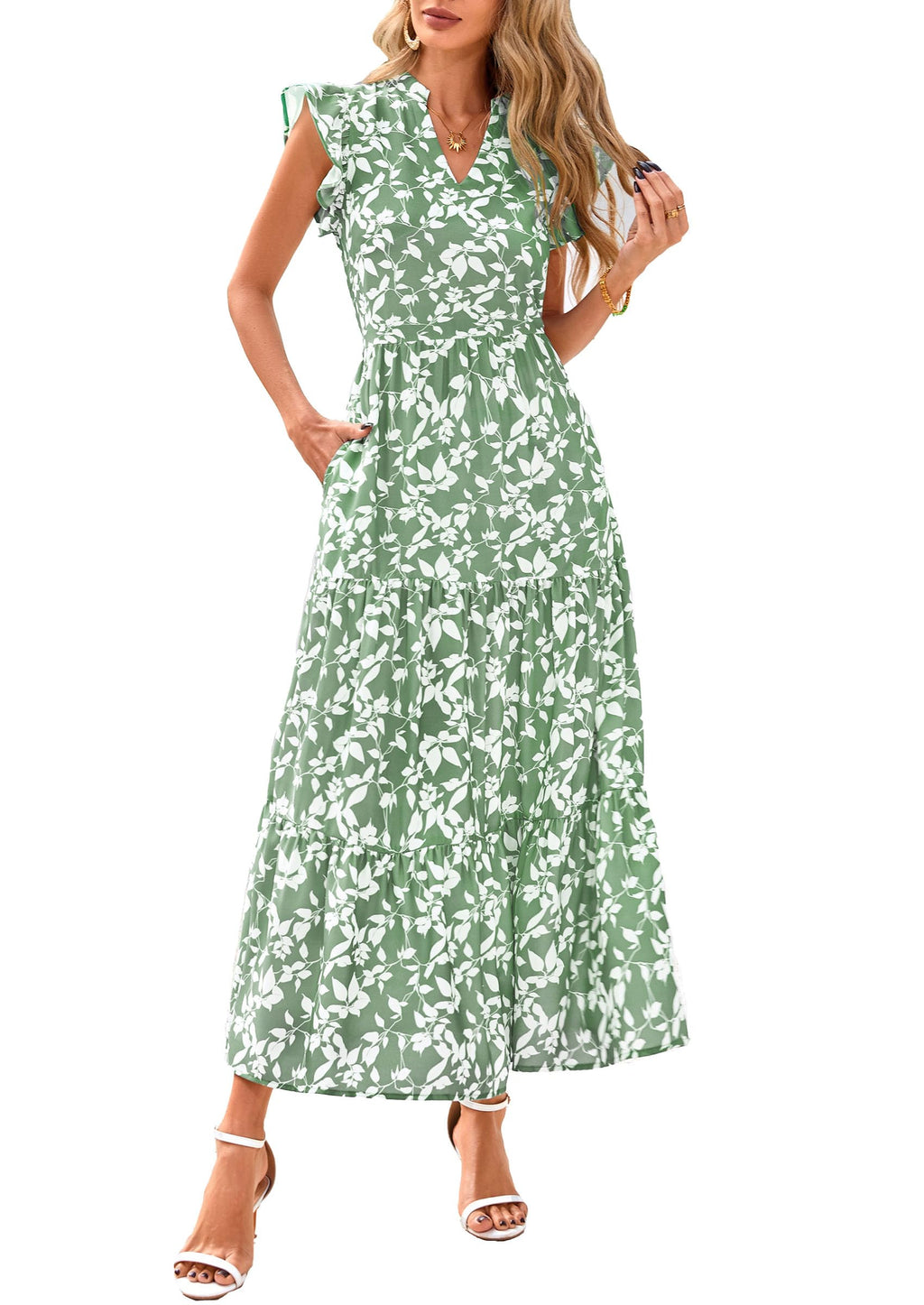 Visit the PRETTYGARDEN Store PRETTYGARDEN Women's Summer Floral Midi Dress Cap Sleeve V Neck Ruffle Long Flowy Boho Casual Beach Vacation Dresses